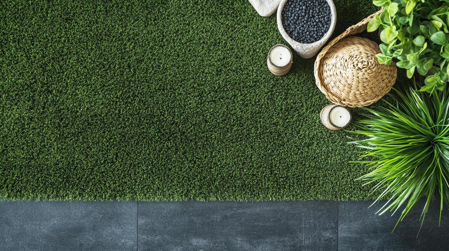 Elevated view of turfgrass adorned with serene decorative elements, creating a tranquil and aesthetically pleasing setting. photo