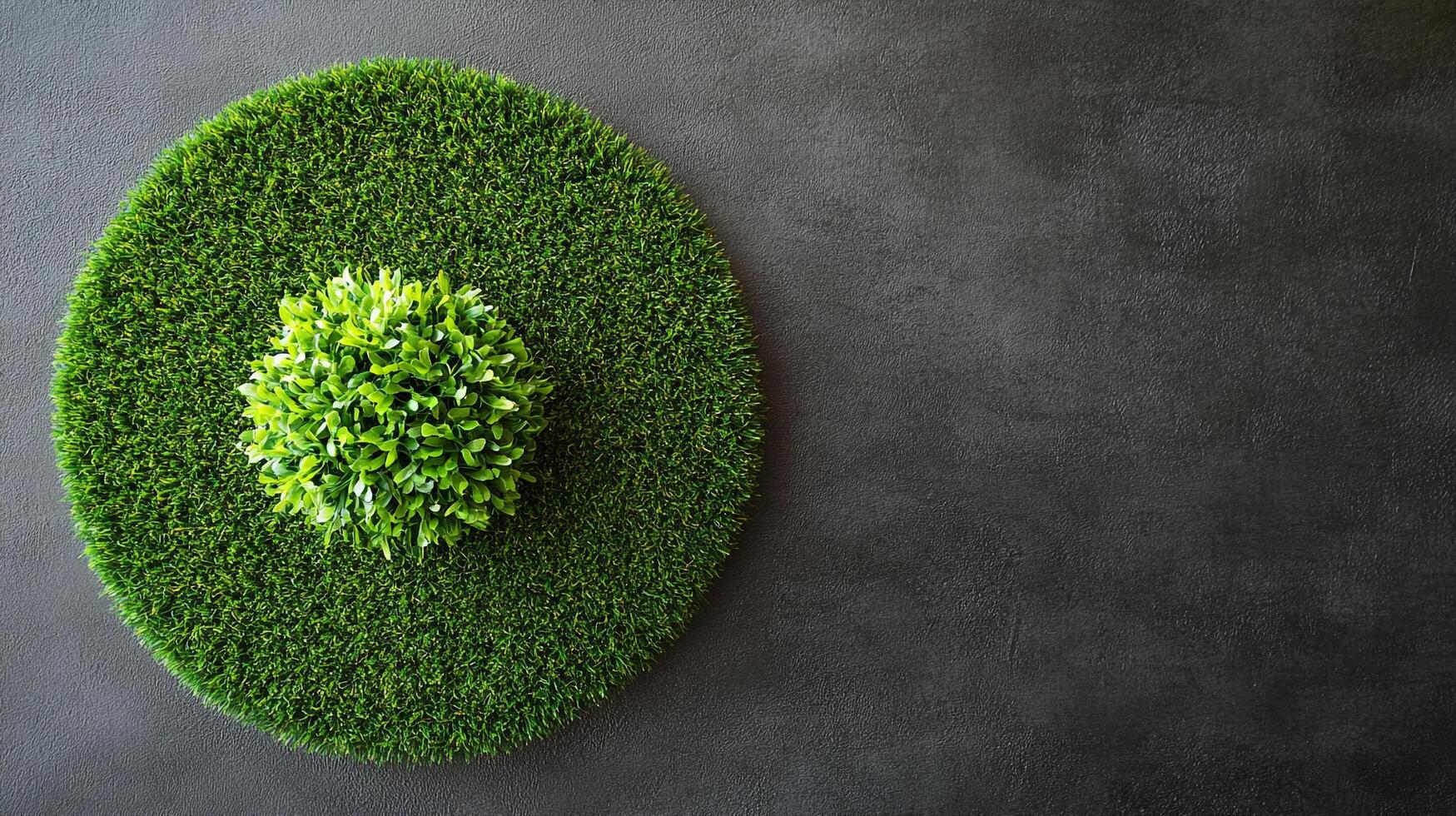 Elevated view of a vibrant green grass circle, topped with a lush green shrub, against a gray background, perfect for minimalist themes. photo