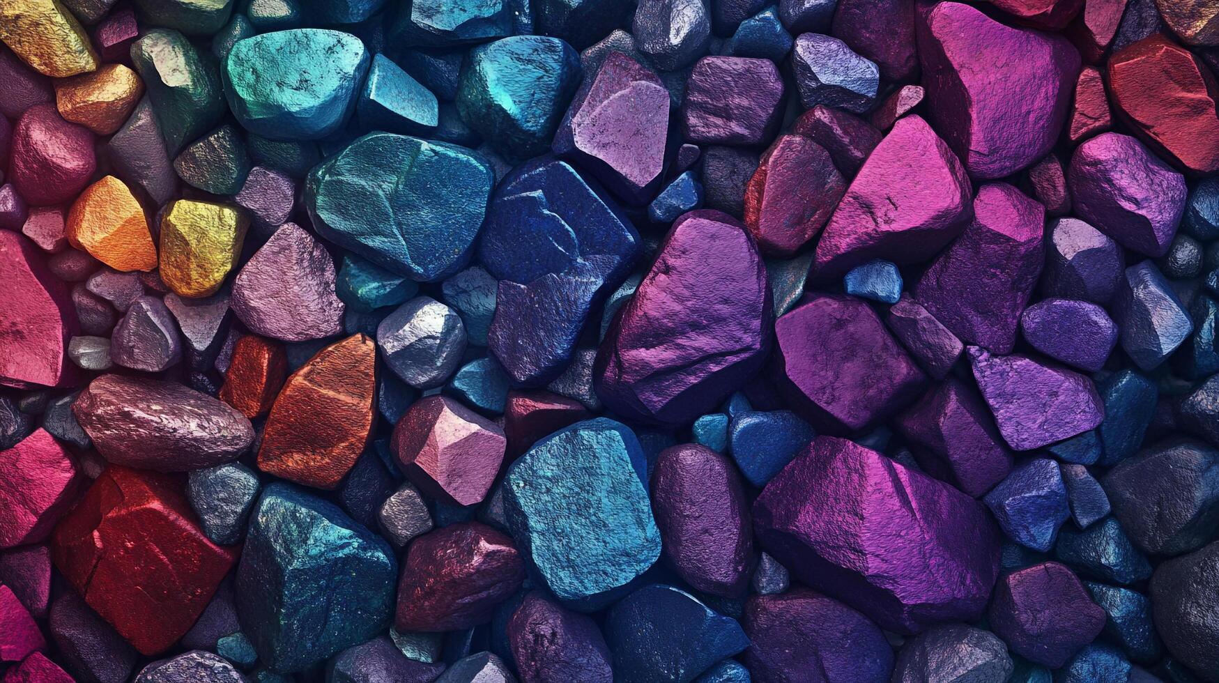 A vibrant collection of colorful rocks fills the frame, showcasing a spectrum of hues from red and yellow to purple and blue. photo