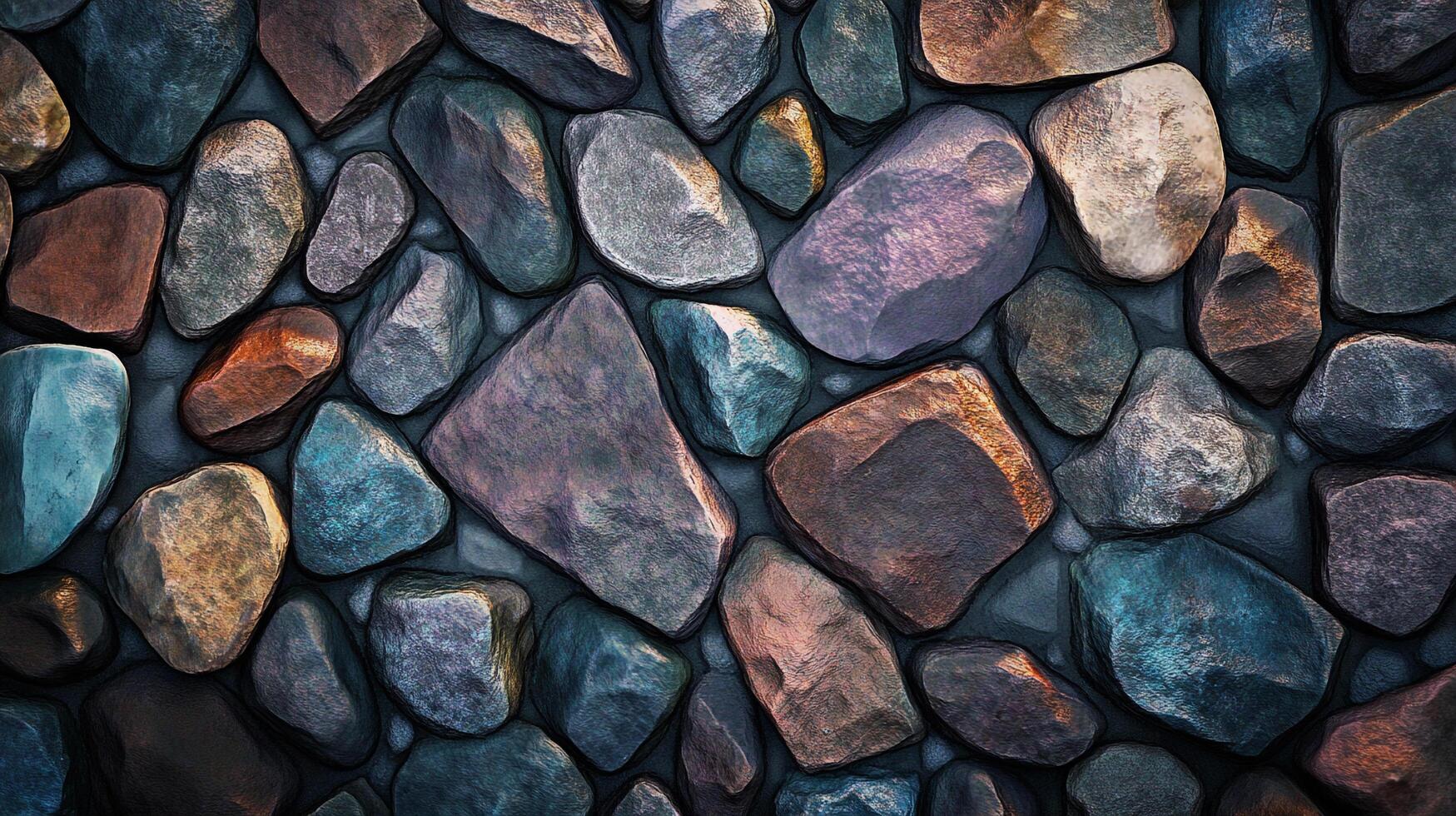 An artistic rendering of a stone wall showcases a diverse collection of rocks, each exhibiting unique textures and shades of color. photo