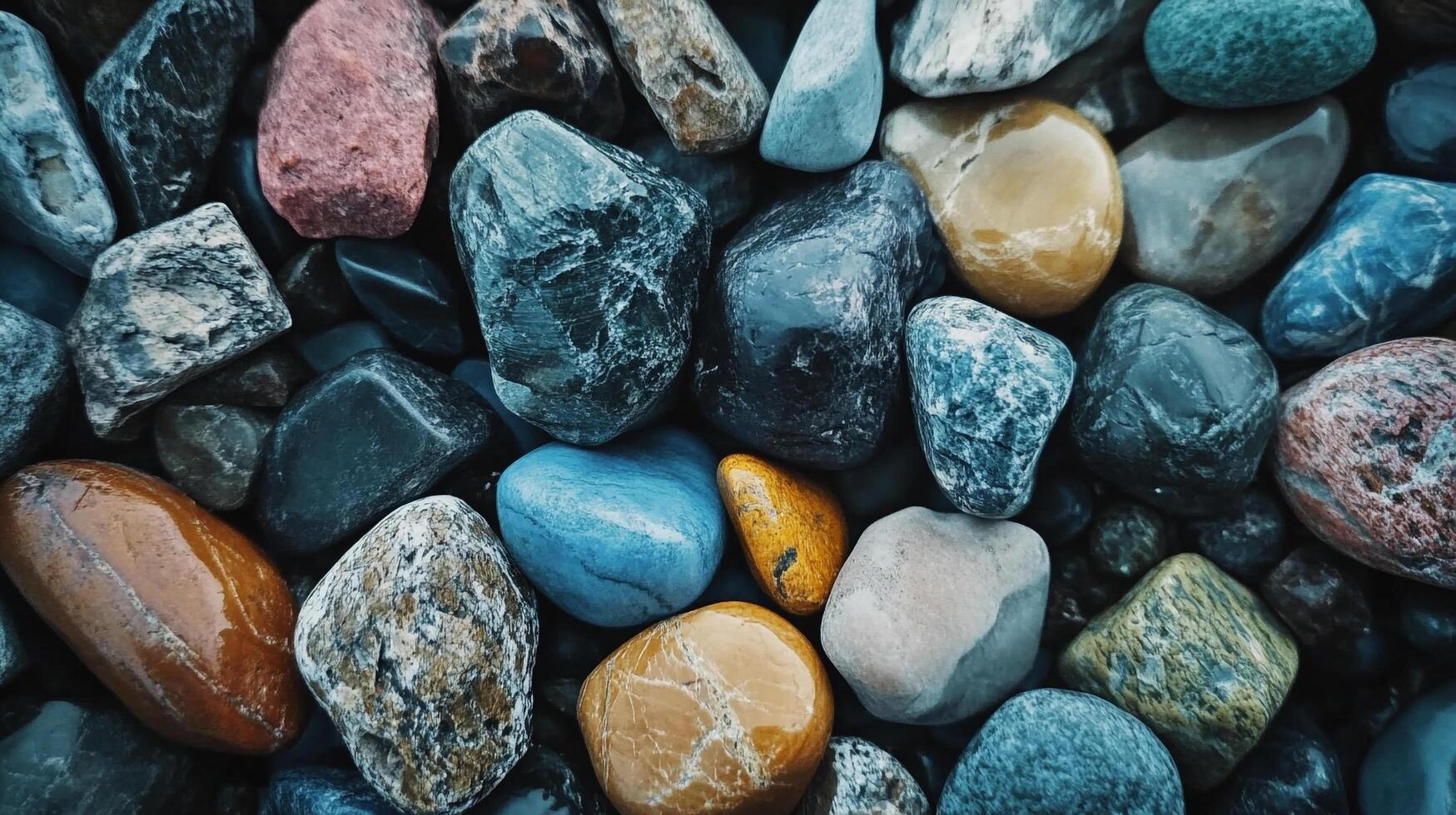 Collection of smooth, colorful rocks of various sizes and textures, creating an earthy and organic pattern. Variety of colors and shapes photo