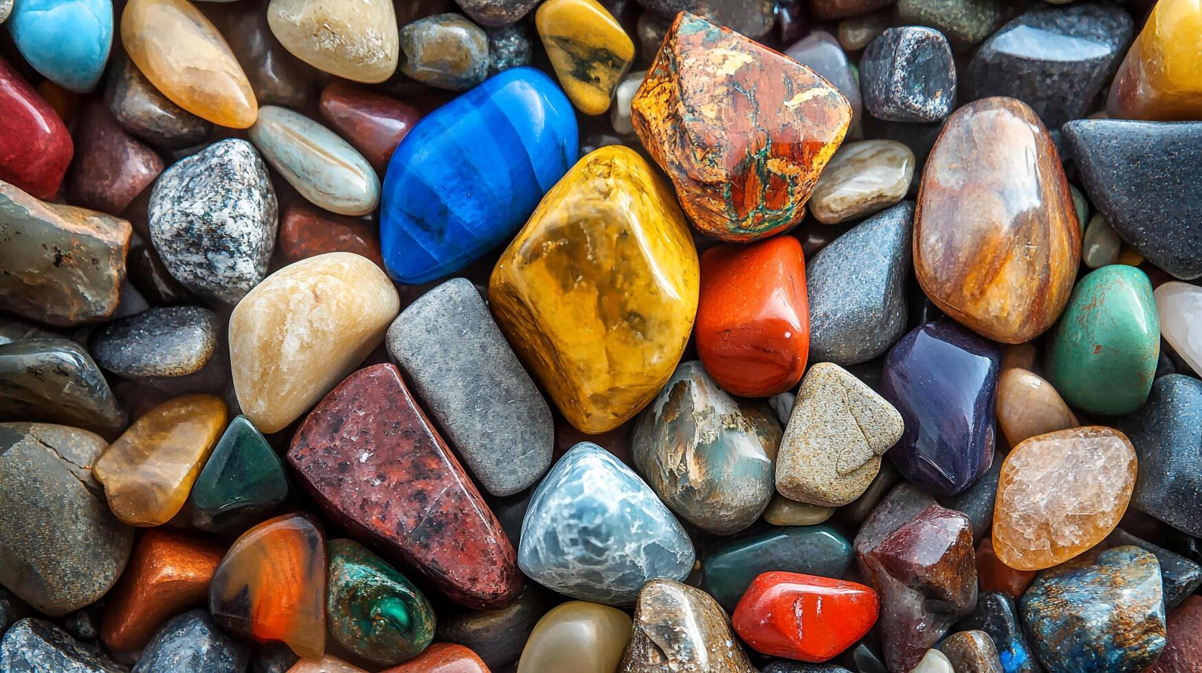 Vibrant assortment of polished stones and pebbles displaying a spectrum of colors, textures, and shapes for artistic and decorative use. photo