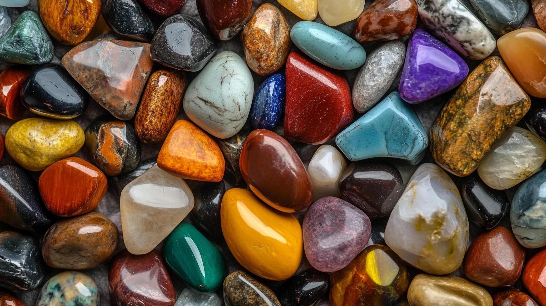 Colorful collection of polished stones. These gems and crystals showcase nature's beauty with their unique colors and smooth surfaces. photo