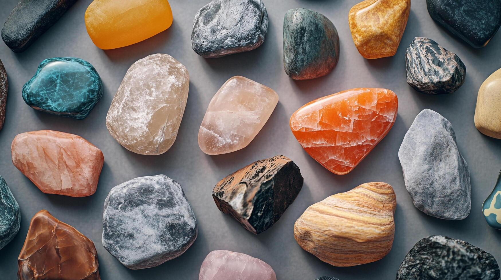 A colorful assortment of polished stones, each unique in color and texture, scattered on a solid neutral surface. Simple still life. photo