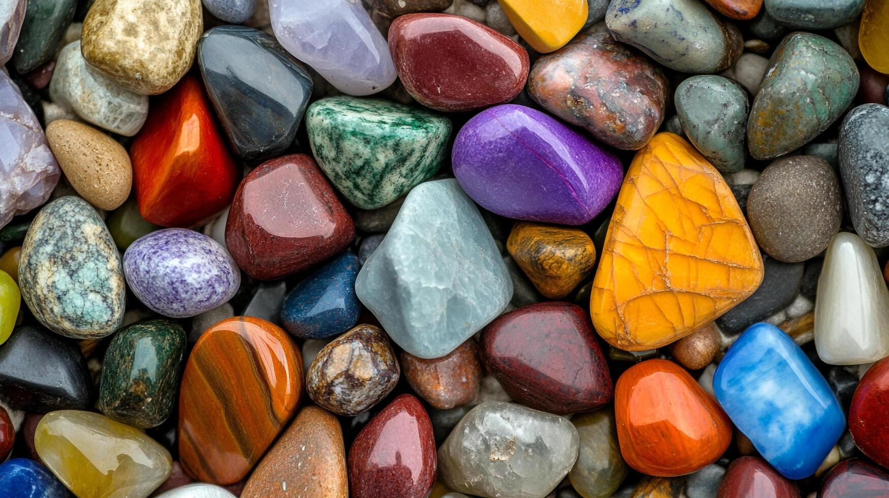 A colorful assortment of polished stones and rocks, creating an eye-catching mosaic of textures and colors. Natural elegance abounds. photo