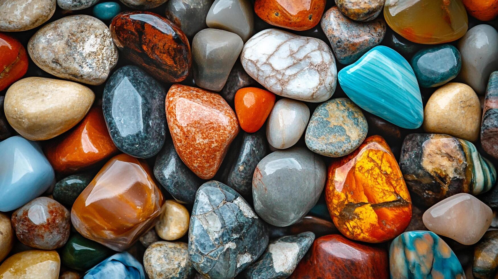 An overhead view captures an assortment of polished stones, exhibiting a range of natural colors, textures, and shapes in a tightly packed group. photo