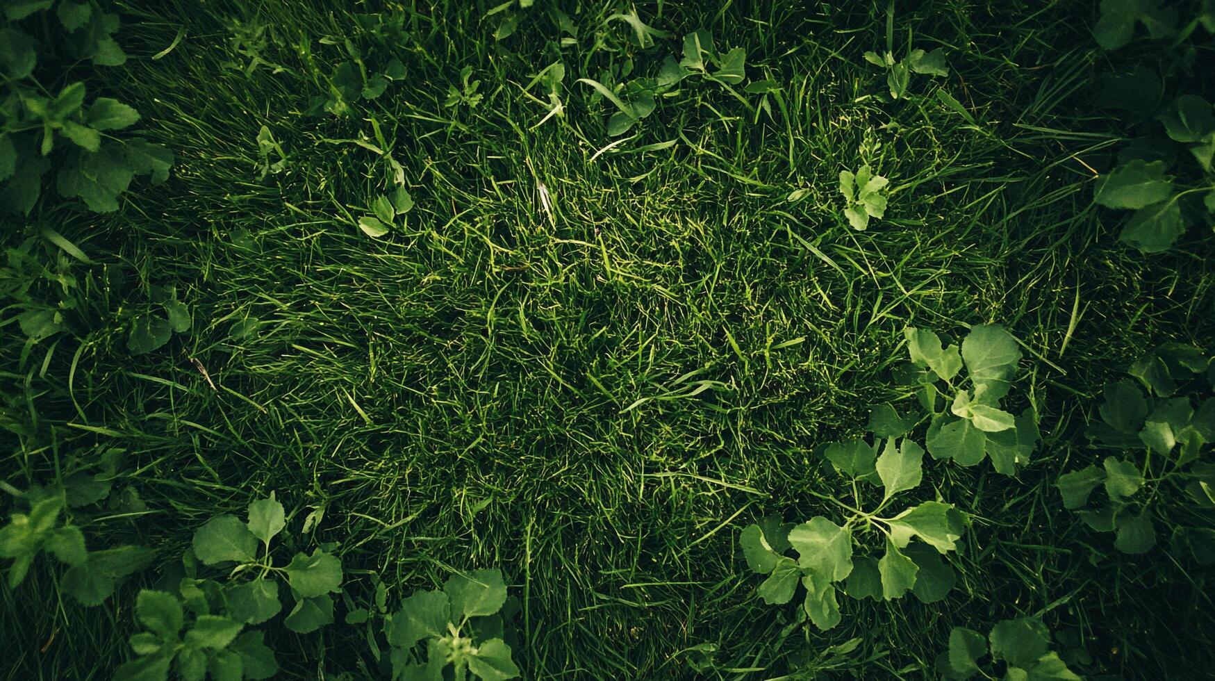Lush green grass and small leafy plants create a tranquil, natural ground cover, perfect for outdoor spaces and nature backgrounds. photo