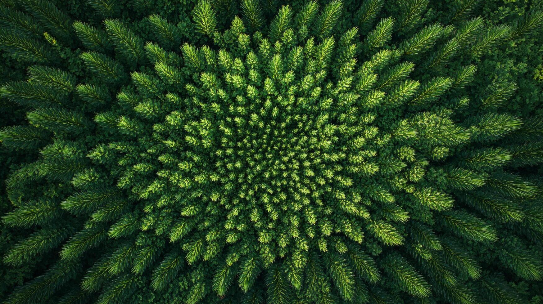 Aerial view of lush green pine trees, creating a mesmerizing concentric pattern, forming a natural green tapestry from above. photo
