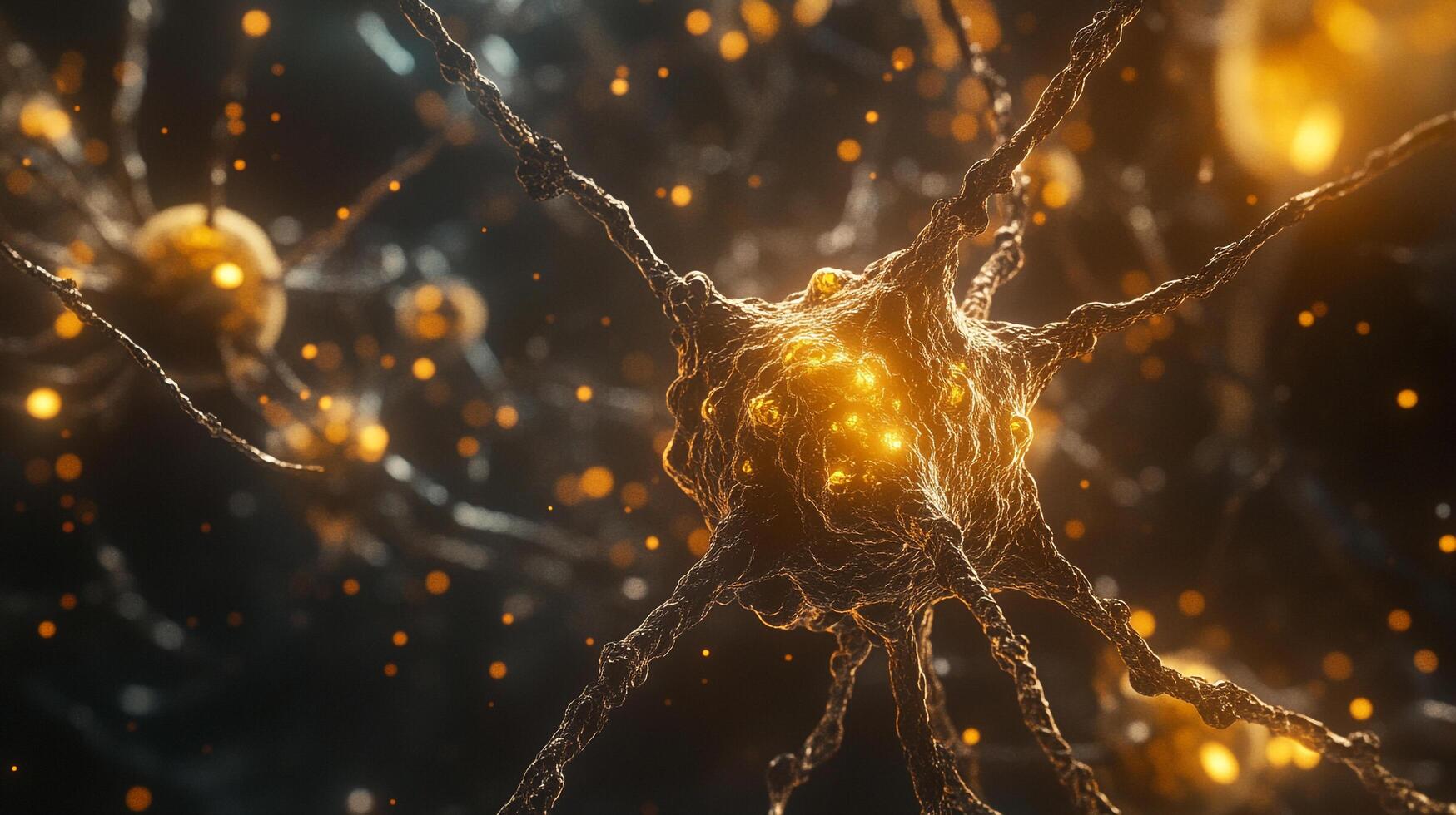 Detailed view of neural network connections, emphasizing golden, illuminated structures, and the complexities of brain communication. photo