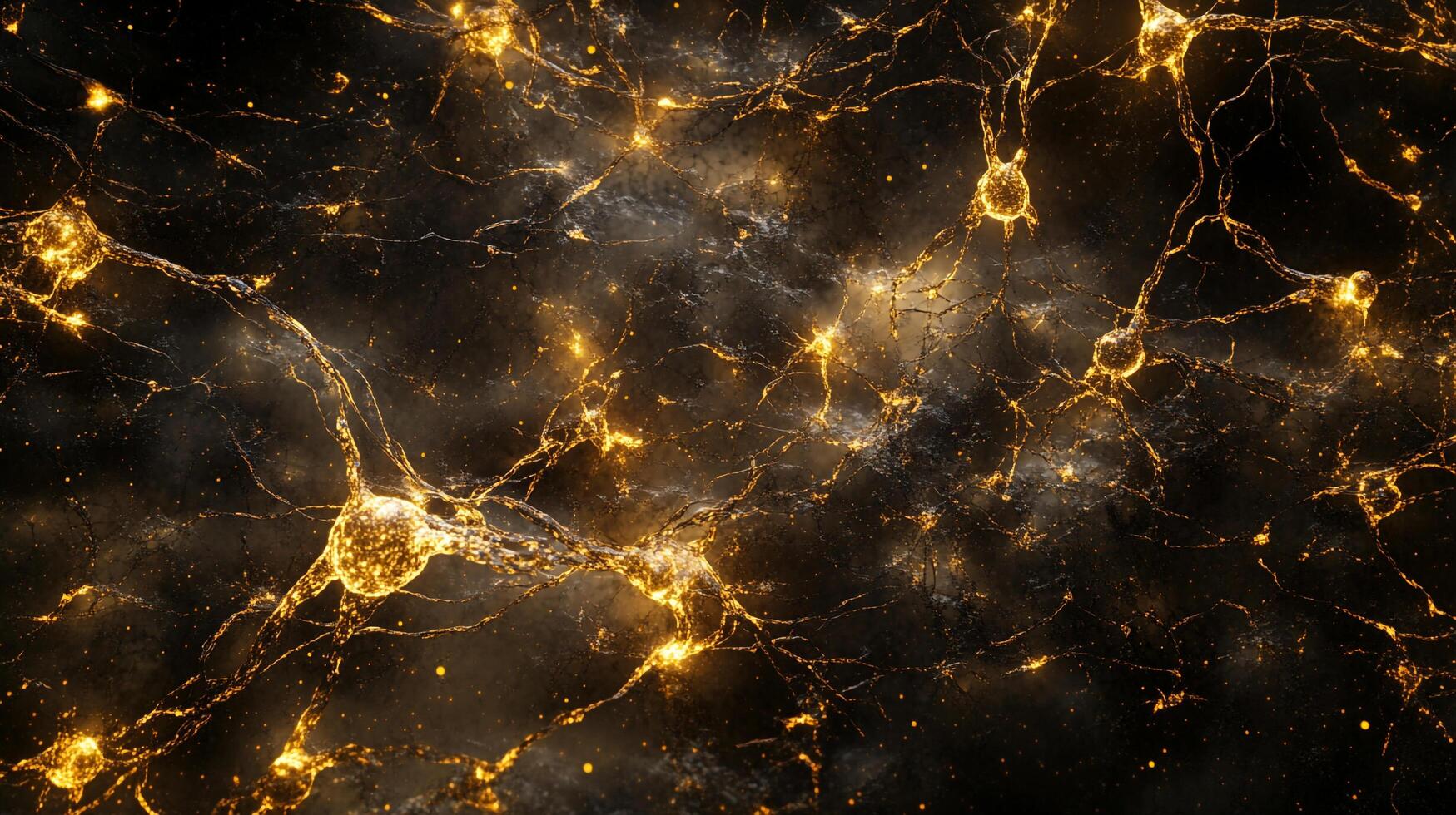 Golden neurons glow, firing across a dark expanse, representing connectivity and thought in a complex neural network. photo