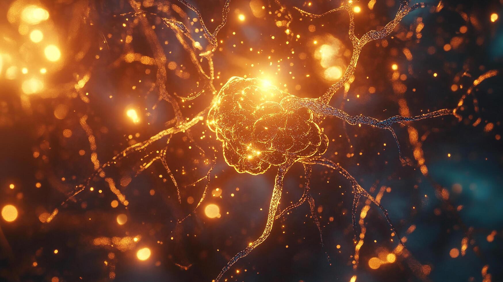 A glowing neuron cell with detailed tendrils shoots of light, set against a dark background in shades of orange, yellow, and dark blue. photo