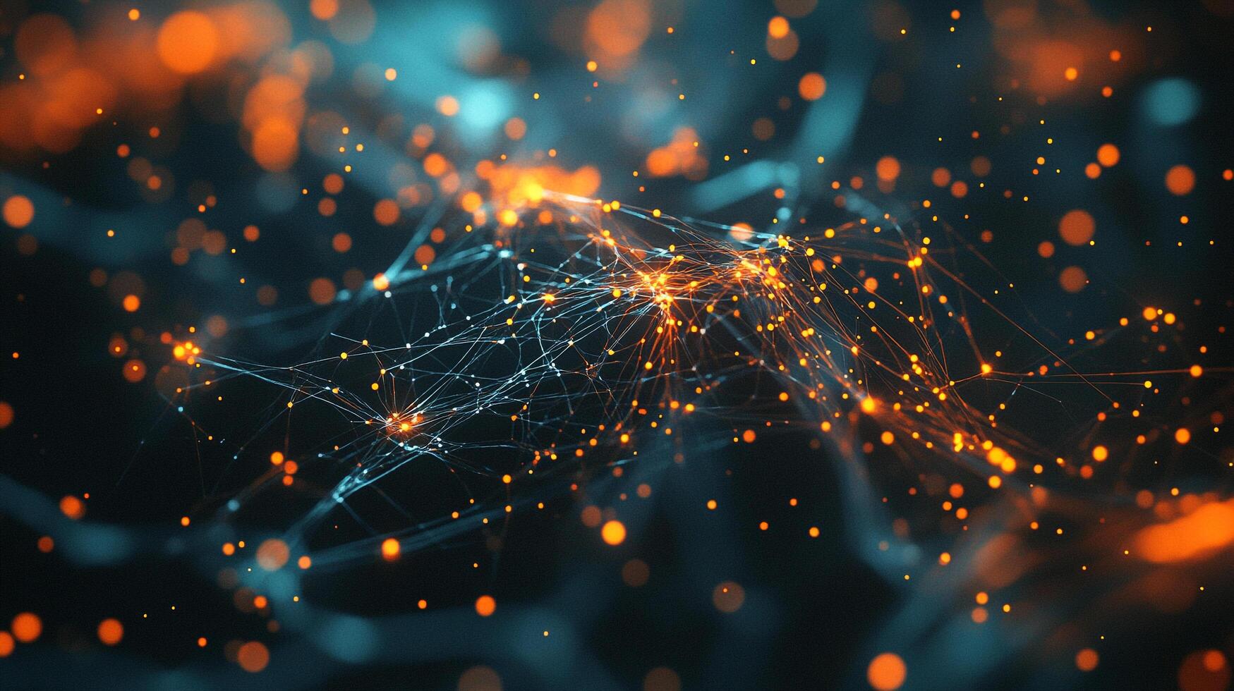 Complex network of interconnected nodes glowing brightly, suggesting data transfer, communication, or a neural network. photo
