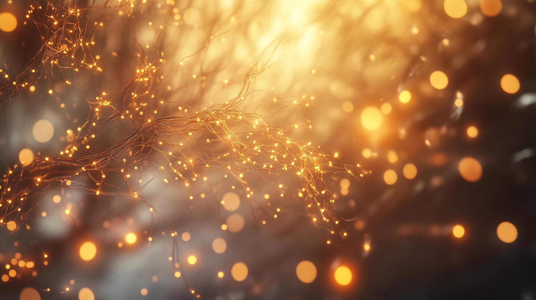Golden lights sparkle on delicate branches, creating a warm, festive atmosphere. The image is blurred for an ethereal effect. photo