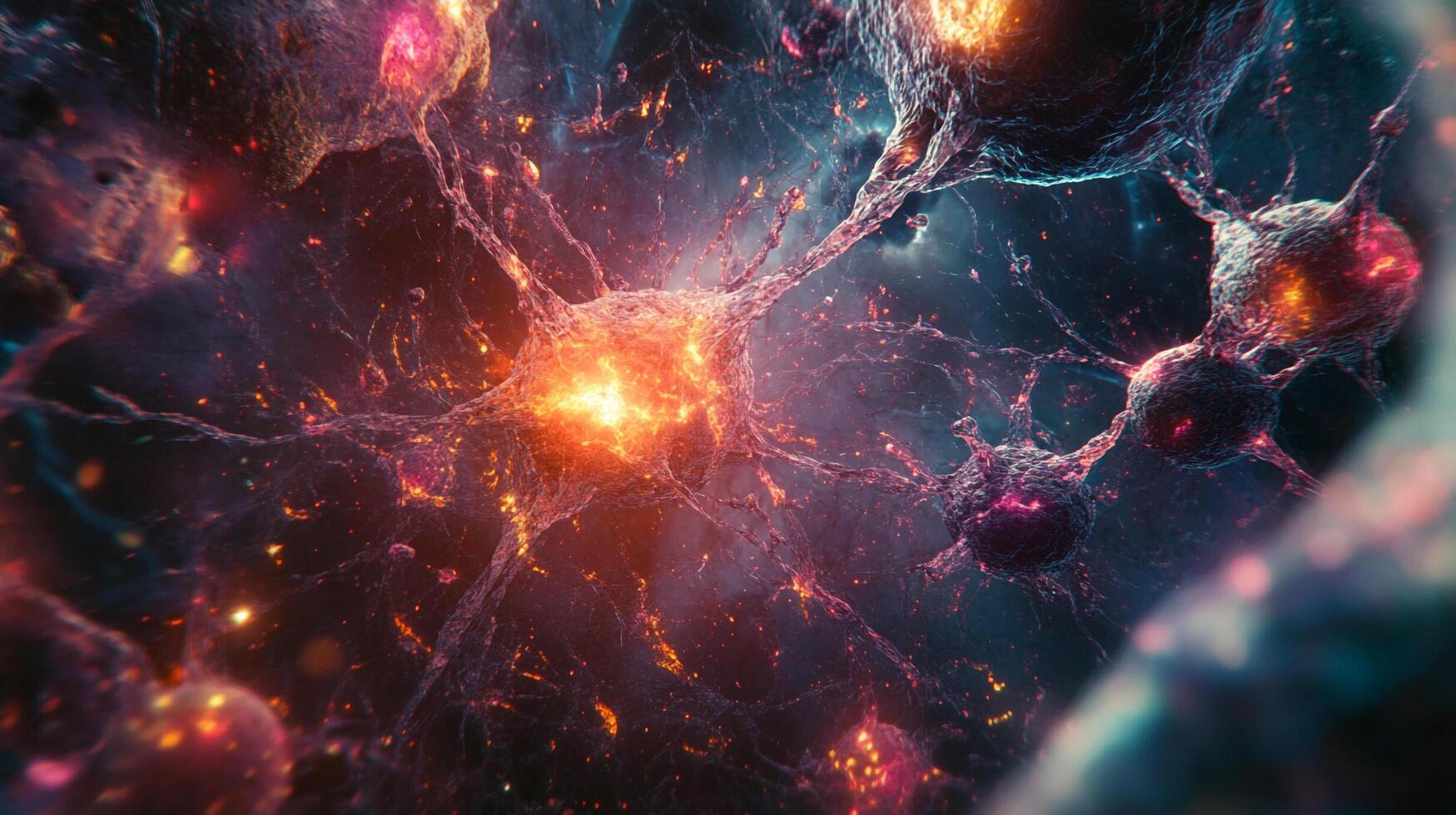 Vibrant neural network with bright nodes, simulating connectivity, transmitting signals in a cosmic-inspired cellular structure. photo
