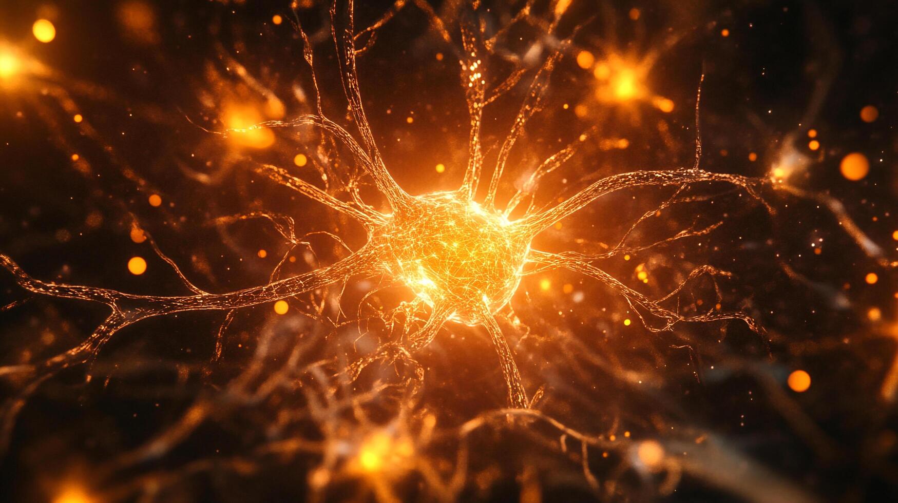 Glowing neuron cell with neural connections, synapses, and transmission of electrical signals. Beautiful rendering of biological activity. photo