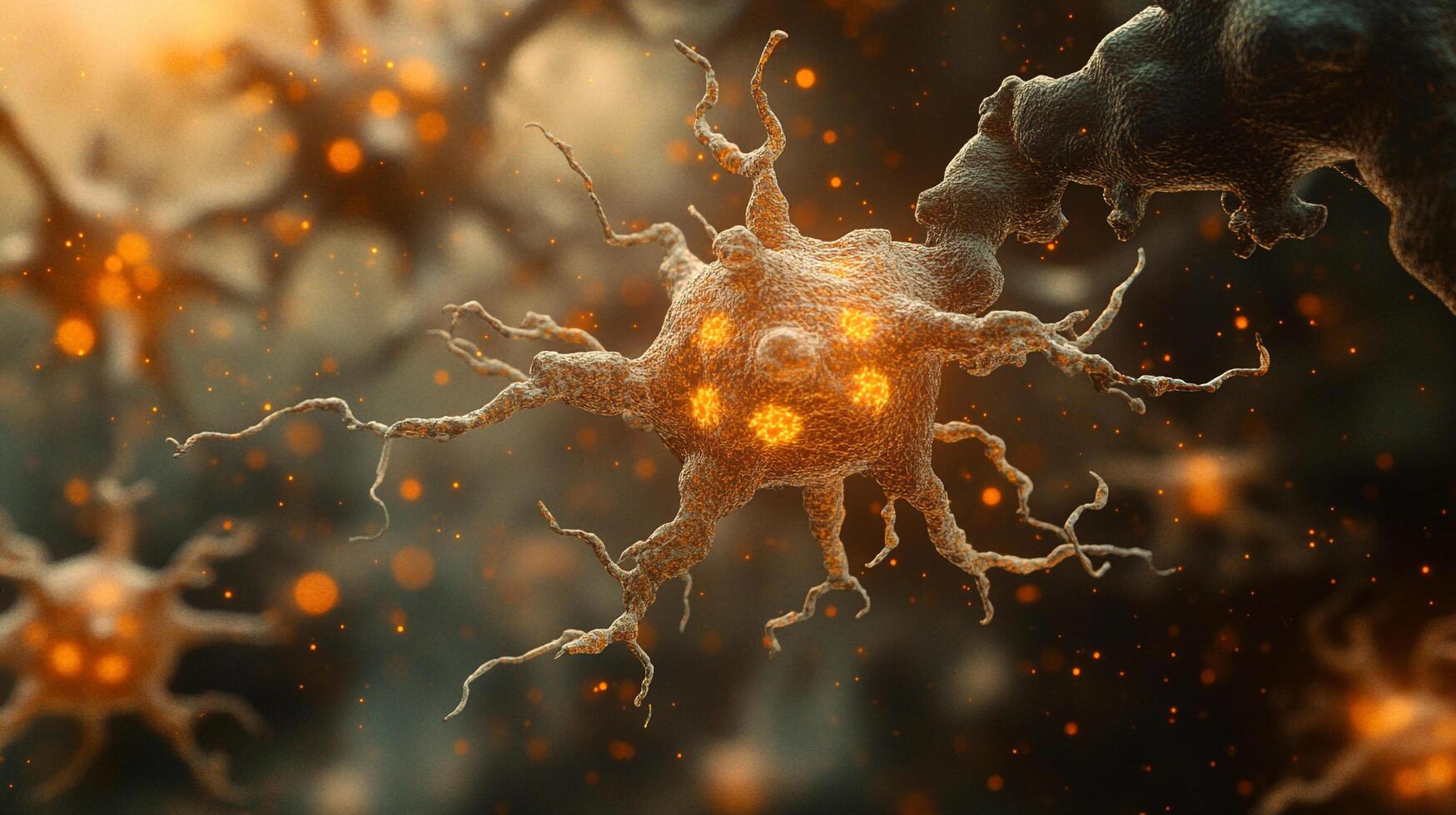 Detailed view of a neuron with dendritic projections and cellular structures. The surrounding area is punctuated by glowing spots. photo