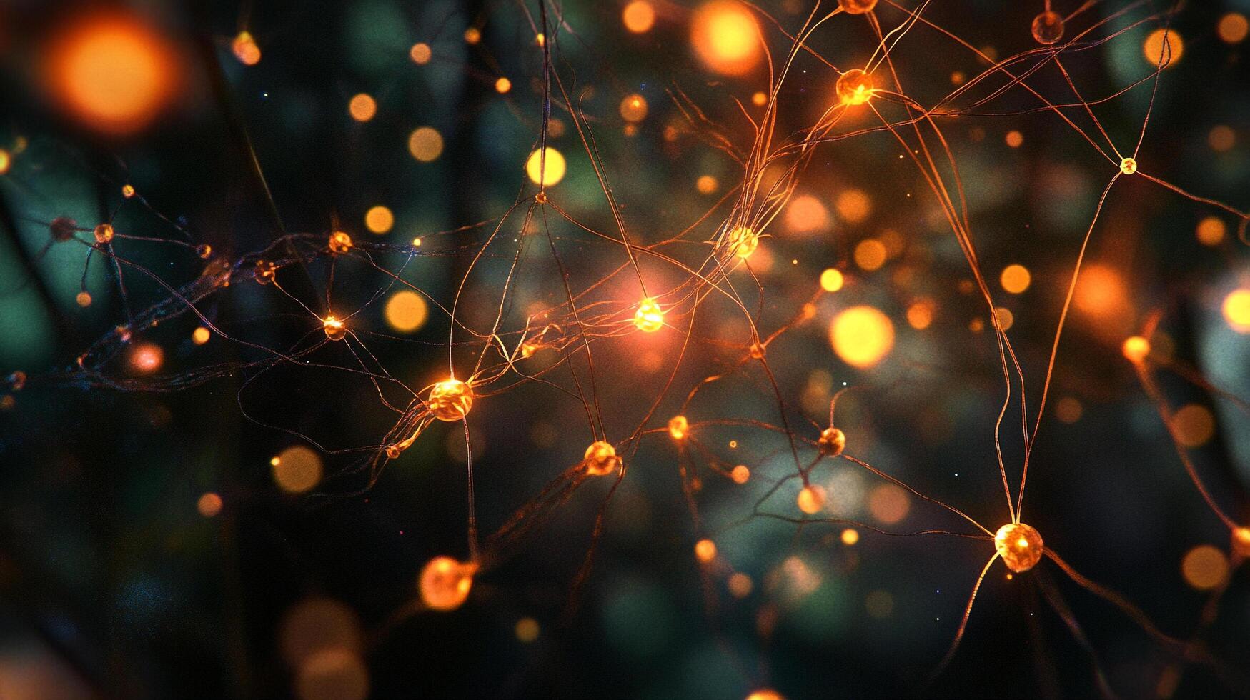 Interconnected nodes glow warmly against a blurred, dark green backdrop. Thin strands link each sphere, hinting at networks and communication. photo