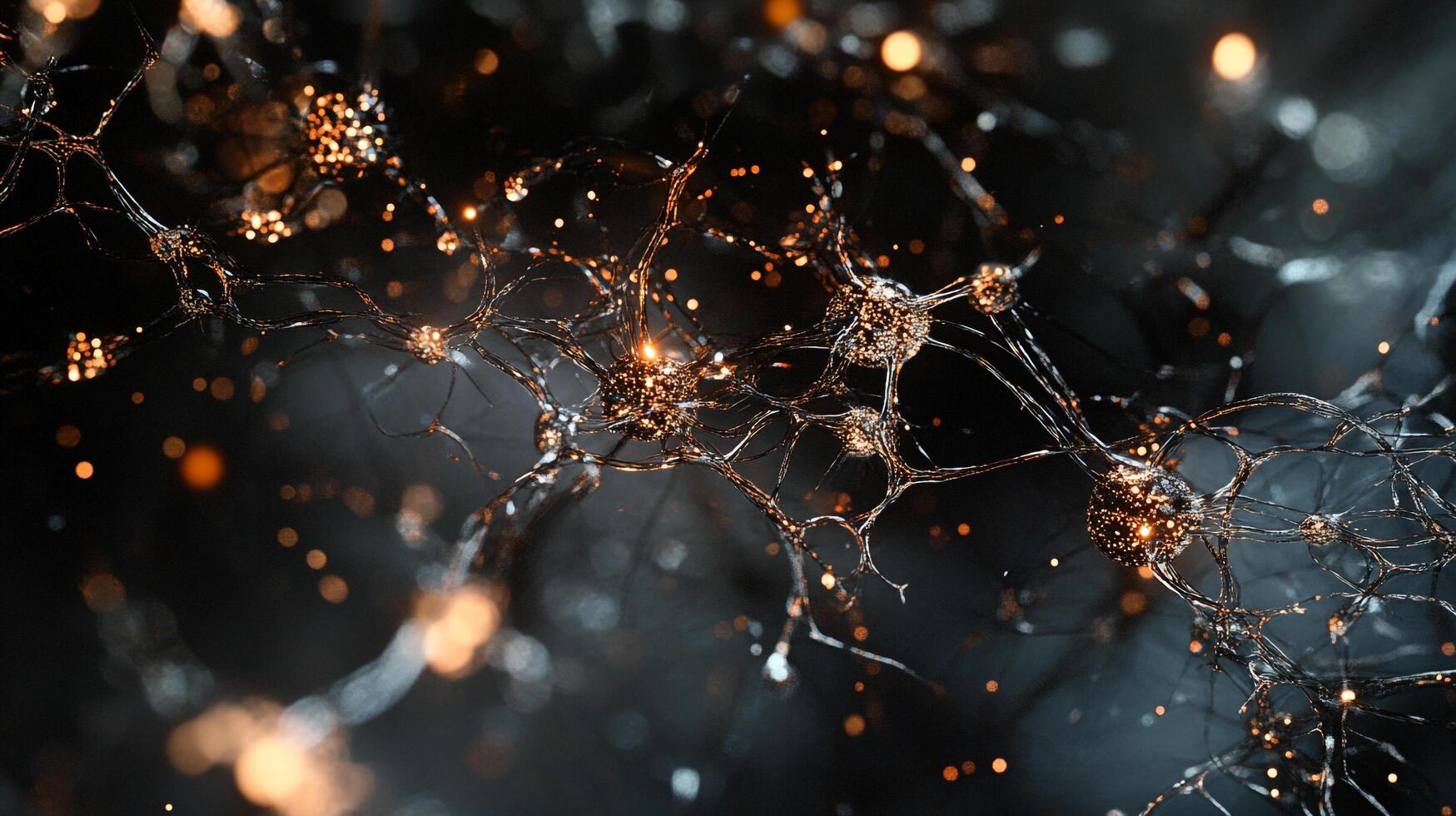 Neural network abstraction, synapses connecting with bright nodes, signaling pathways, data flow simulation, deep learning concept. photo