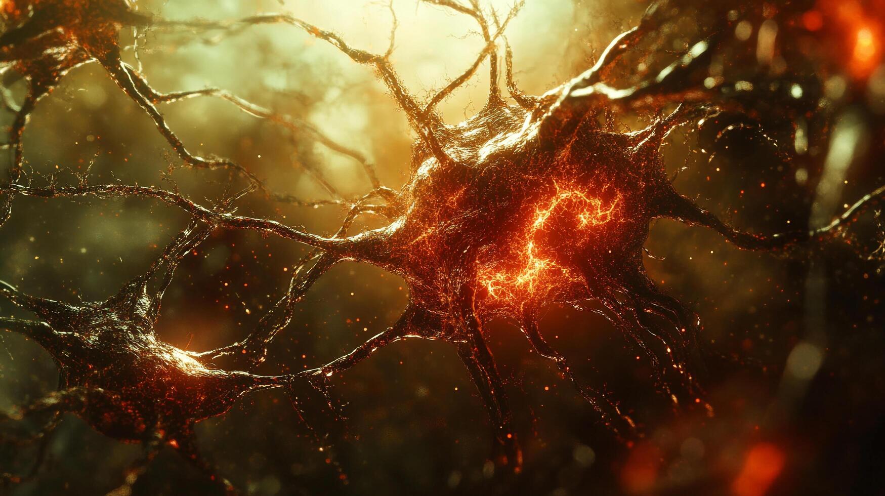 Illustration of neuron cells with neural network connections, showcasing cellular biology and neuron activity, highlighted by bright glow. photo