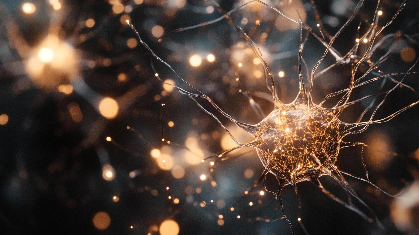 Abstract nerve cell illustration with golden glowing connections representing neurological activity in the human brain. photo
