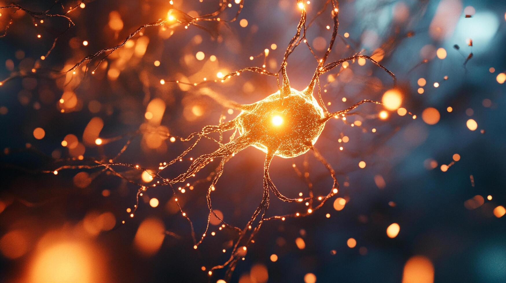 Vibrant neuron illustration with glowing connections. The focal point is a neuron with branching dendrites on a blurred backdrop. photo