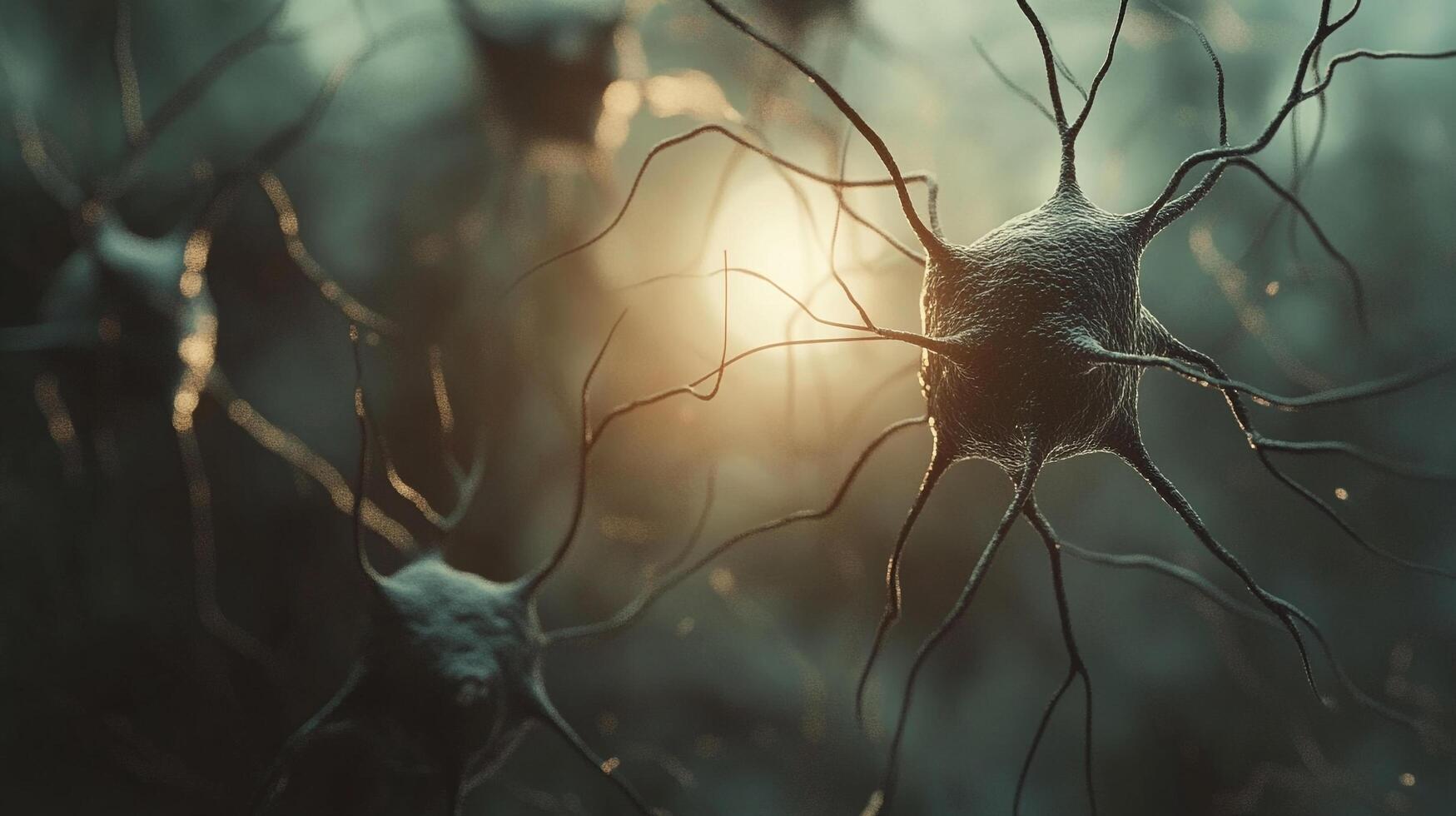 Detailed neurons communicating with each other, background light shining. Detailed focus on the connection of these cells. photo