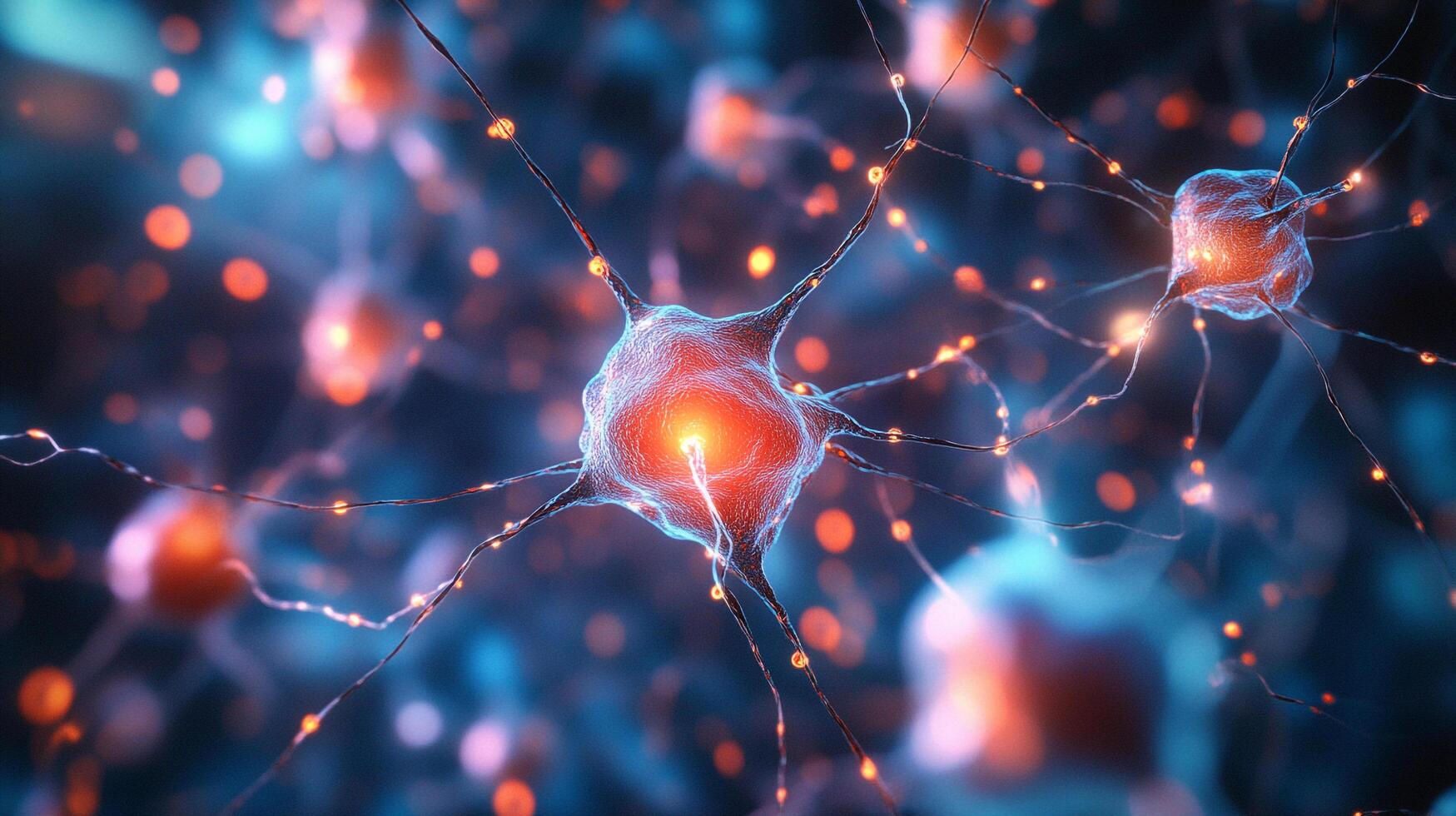 A close-up, artistic visualization of neurons, showcasing the intricate network and signaling within the brain, and neural connectivity. photo