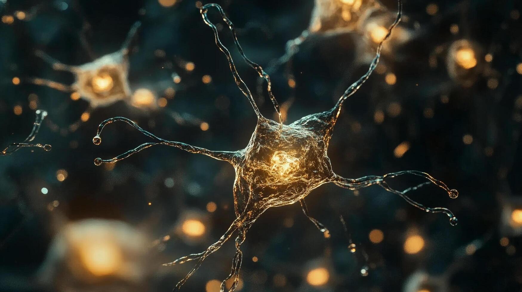 Detailed neuron rendering showcasing intricate connections, glowing center, and complex neural network. Abstract scientific representation. photo