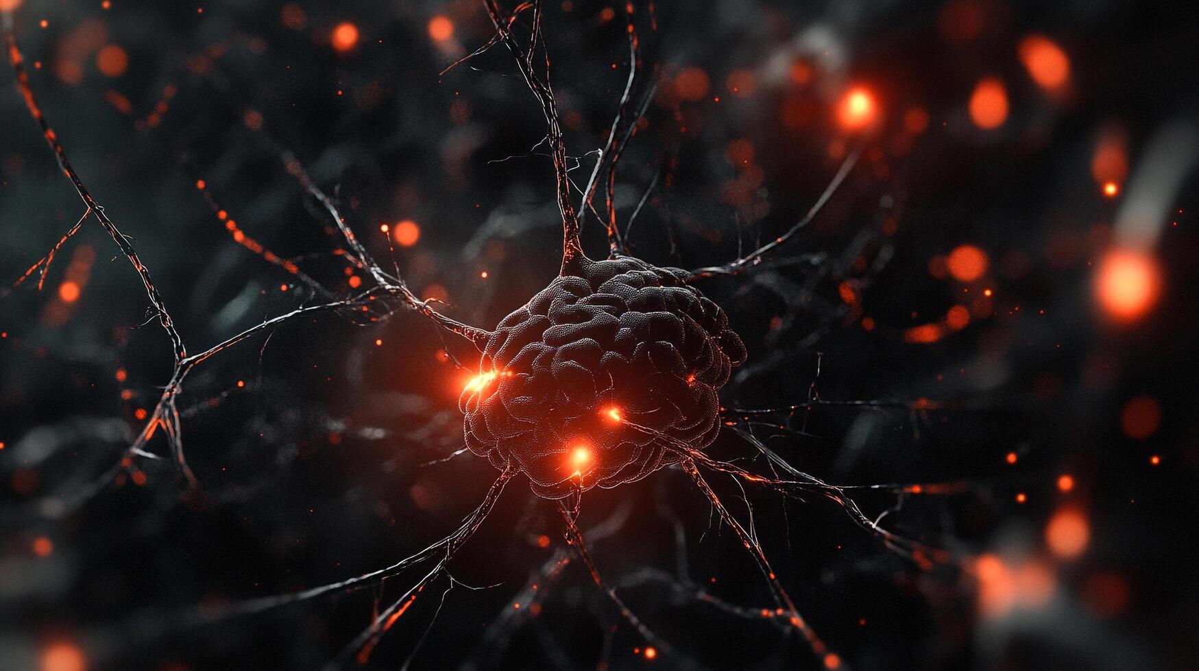Detailed rendering of a neuron with glowing points, resembling a cell structure with intricate branches, set against a dark background. photo