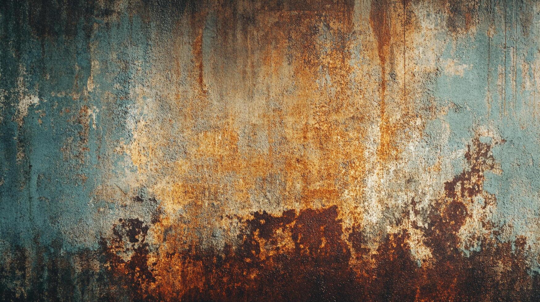 A weathered surface with oxidized textures, displaying a blend of rust and faded blue hues, offering an aesthetic of age and decay. photo