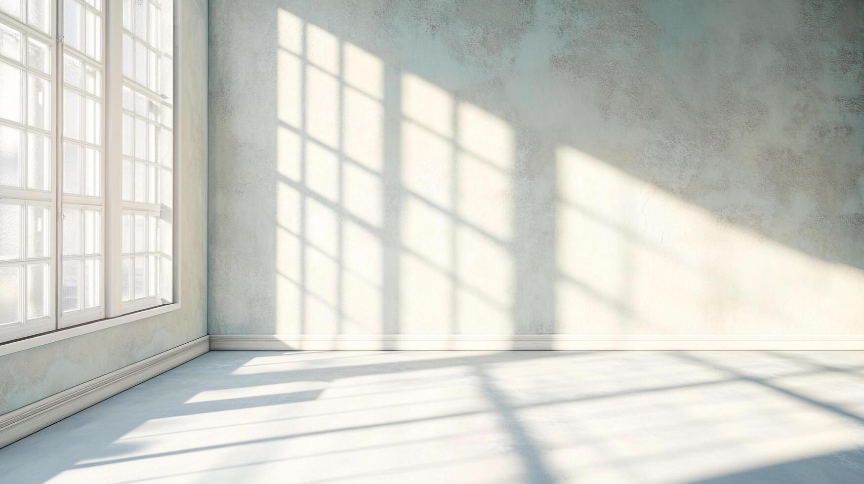 Sunlight streams into a bright, airy room with textured walls, casting shadows from a window in this minimalist interior space. photo