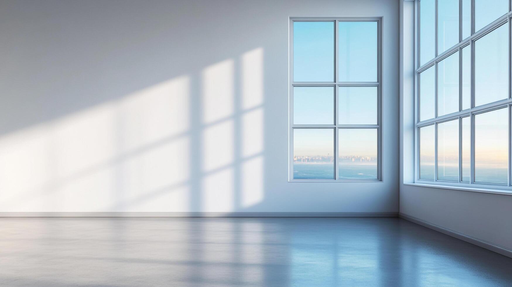 Sunlight streams through large windows illuminating an empty room with white walls and concrete floors, creating a sense of openness and calm. photo