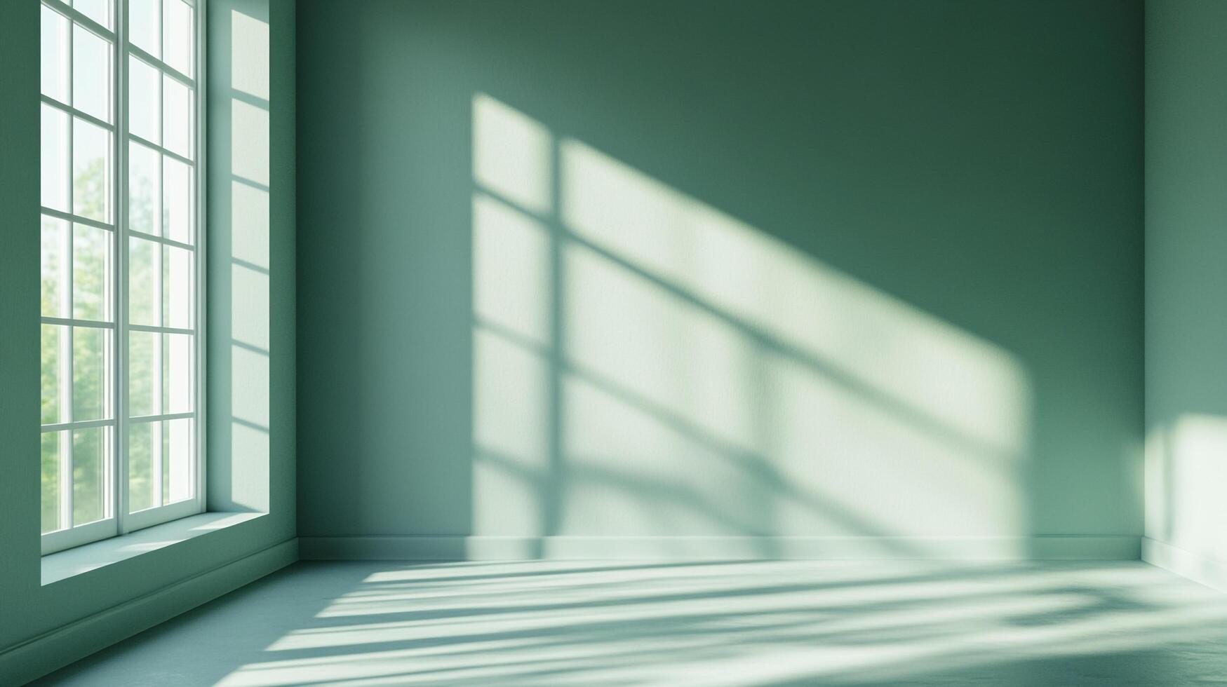 Sunlight streams into a minimalist room, creating an interplay of light and shadow on the wall and floor, serene and inviting space. photo
