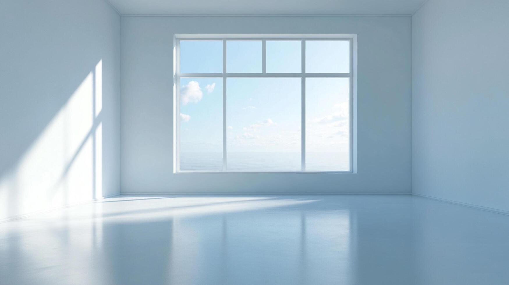 Bright interior with a large window offers a calming view of the sky and sea, sunlight flooding the space with clean, minimalist style. photo