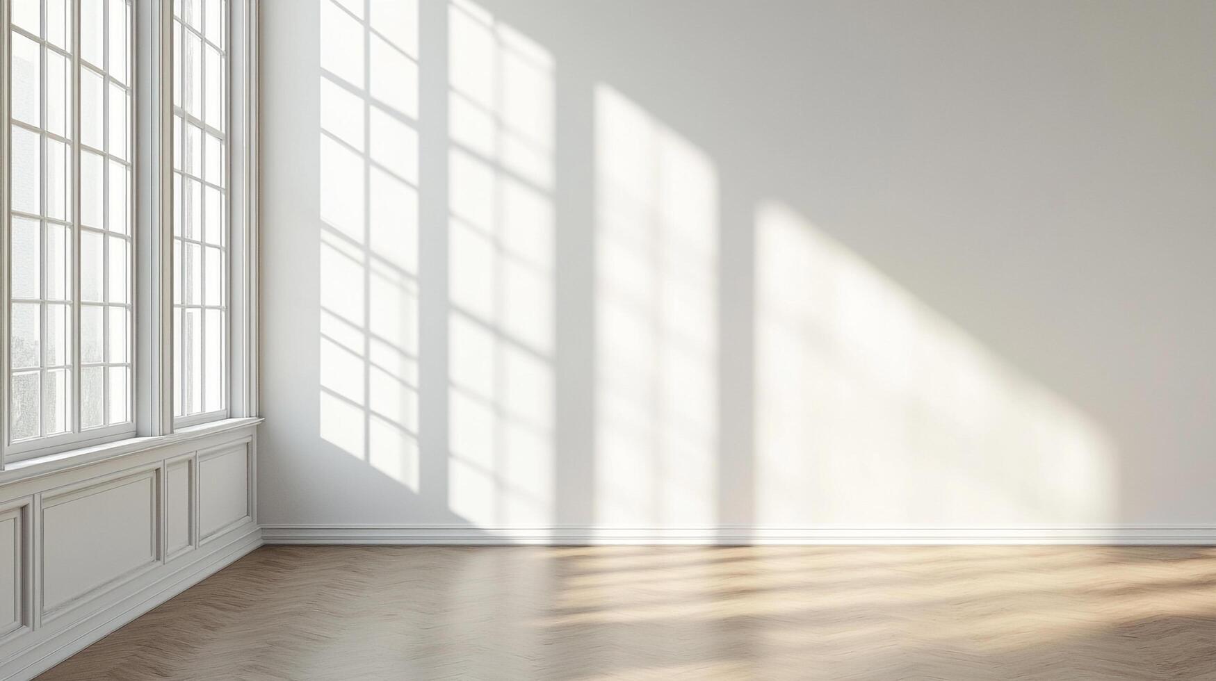 A bright, empty room with a large window casting shadows across the wall and floor, perfect for showcasing furniture or design concepts. photo