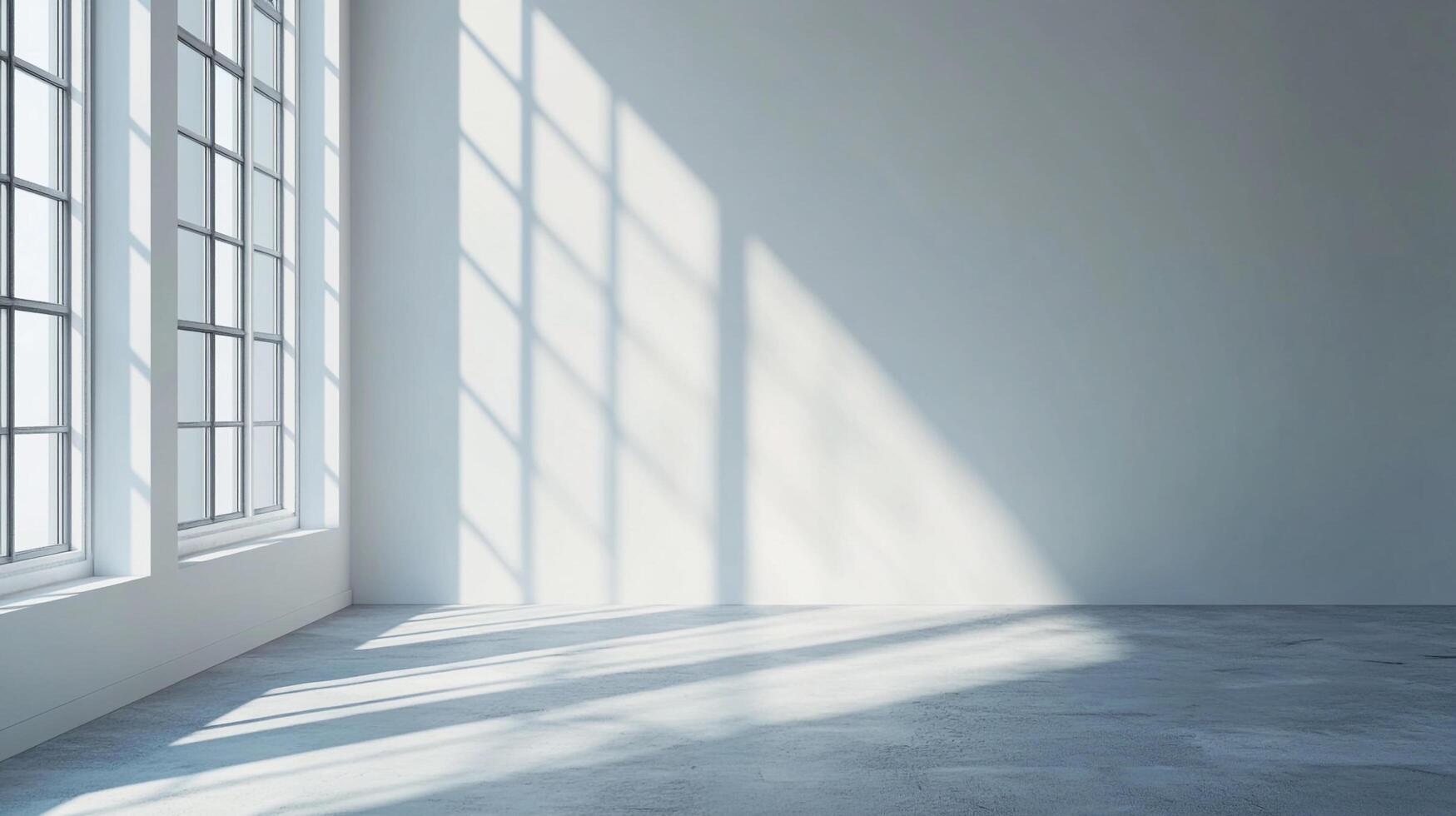 Bright, airy room with large windows, casting geometric shadows. Minimalist interior with a serene, clean atmosphere. Sunlight illuminates the space. photo