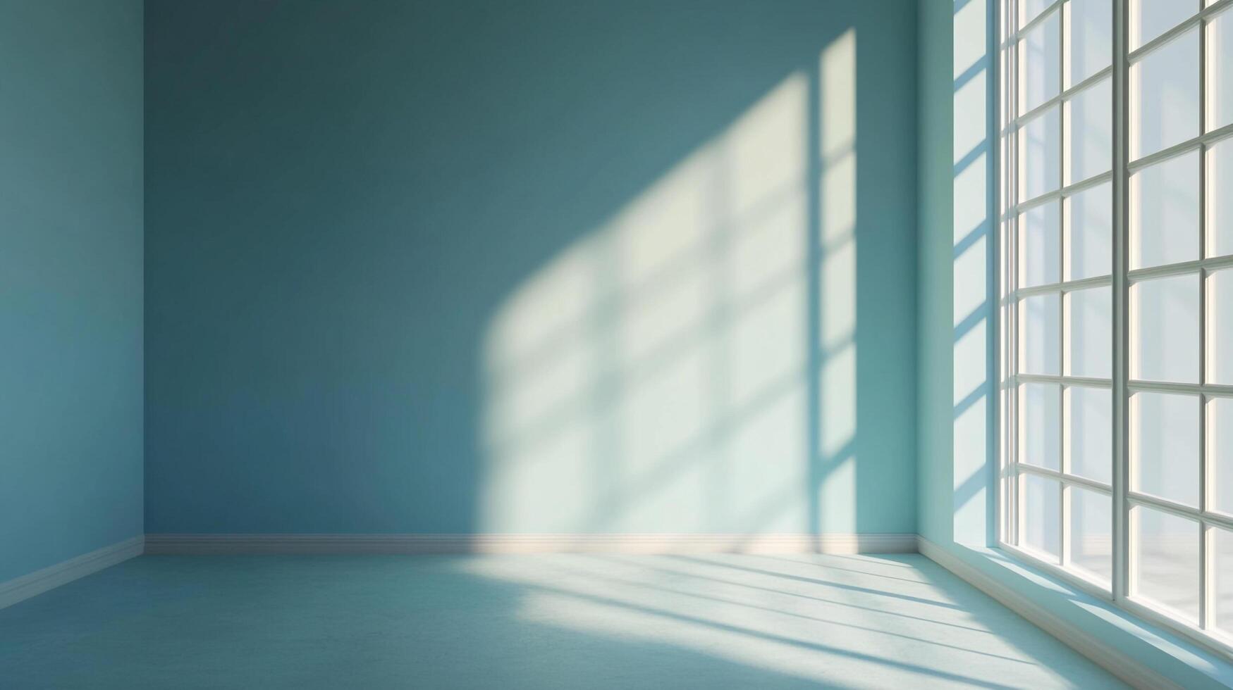 Bright, minimalistic room with large window casting geometric shadows on the walls, creating a serene and modern aesthetic. photo