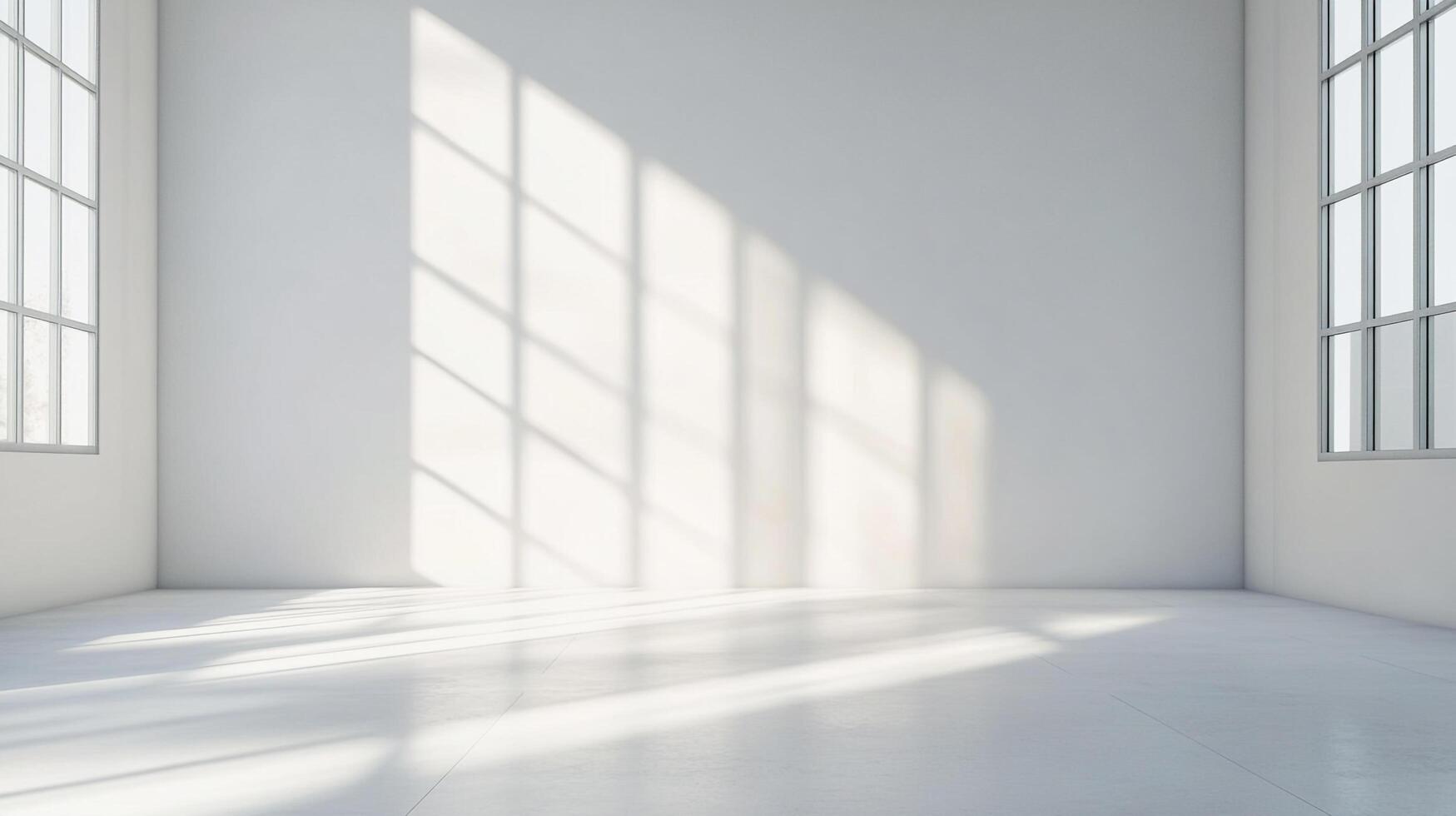 Minimalist room featuring natural light pouring in through large windows, creating bright shadows and a sense of spaciousness. Modern simplicity. photo