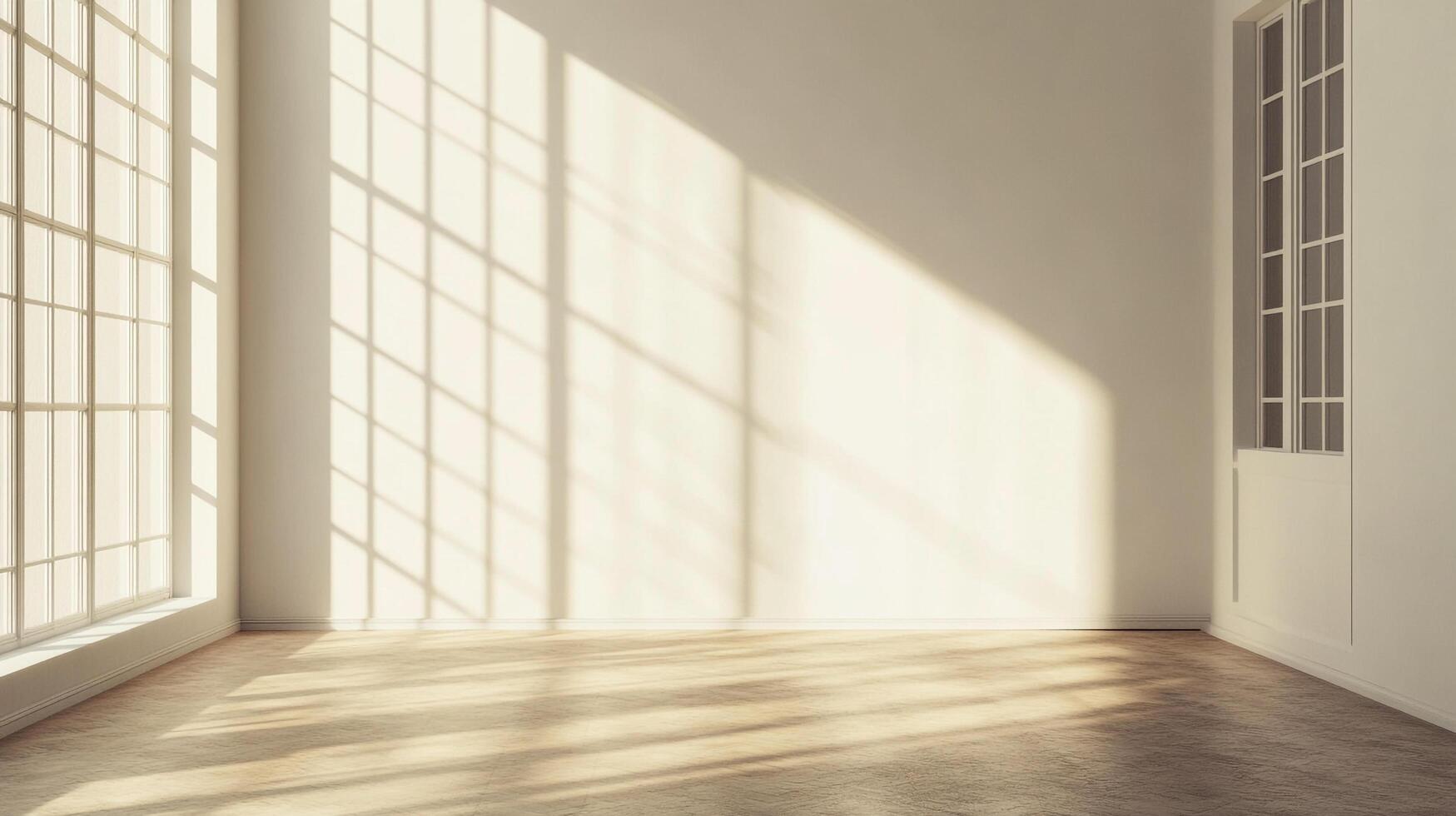 Bright, airy room interior with sunlight streaming through windows, creating a warm and inviting atmosphere. photo