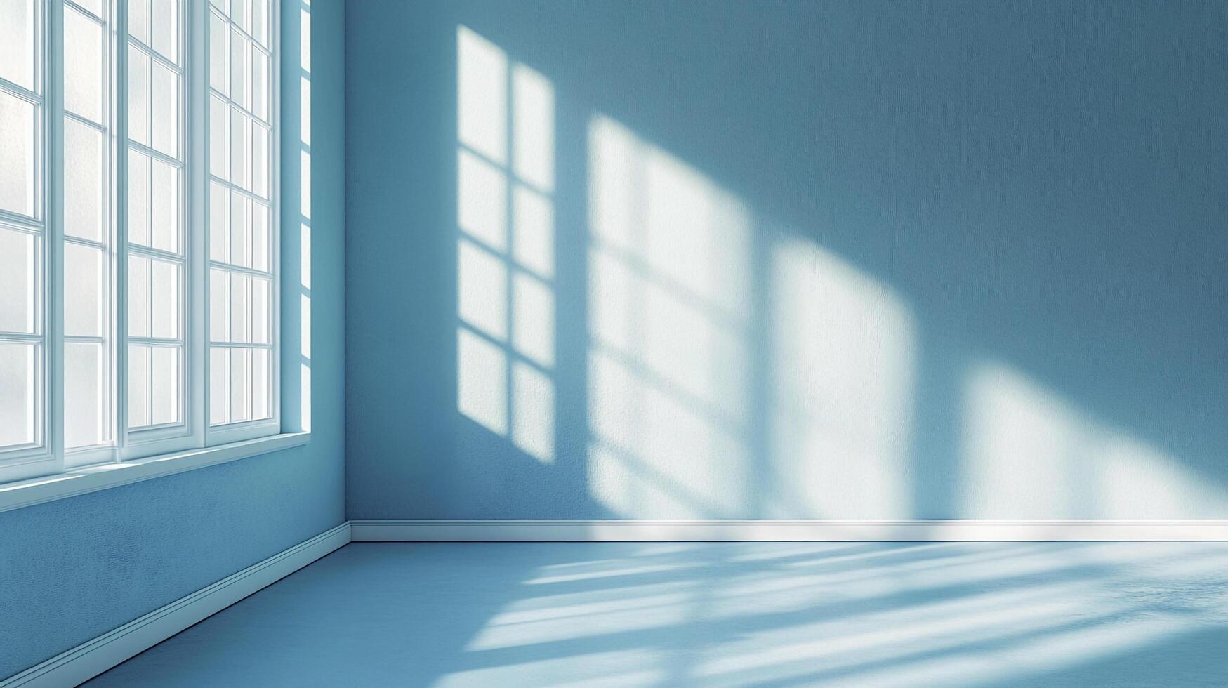 Sunlight streams into an empty blue room through a large window, creating geometric patterns of light and shadow on the wall and floor. photo