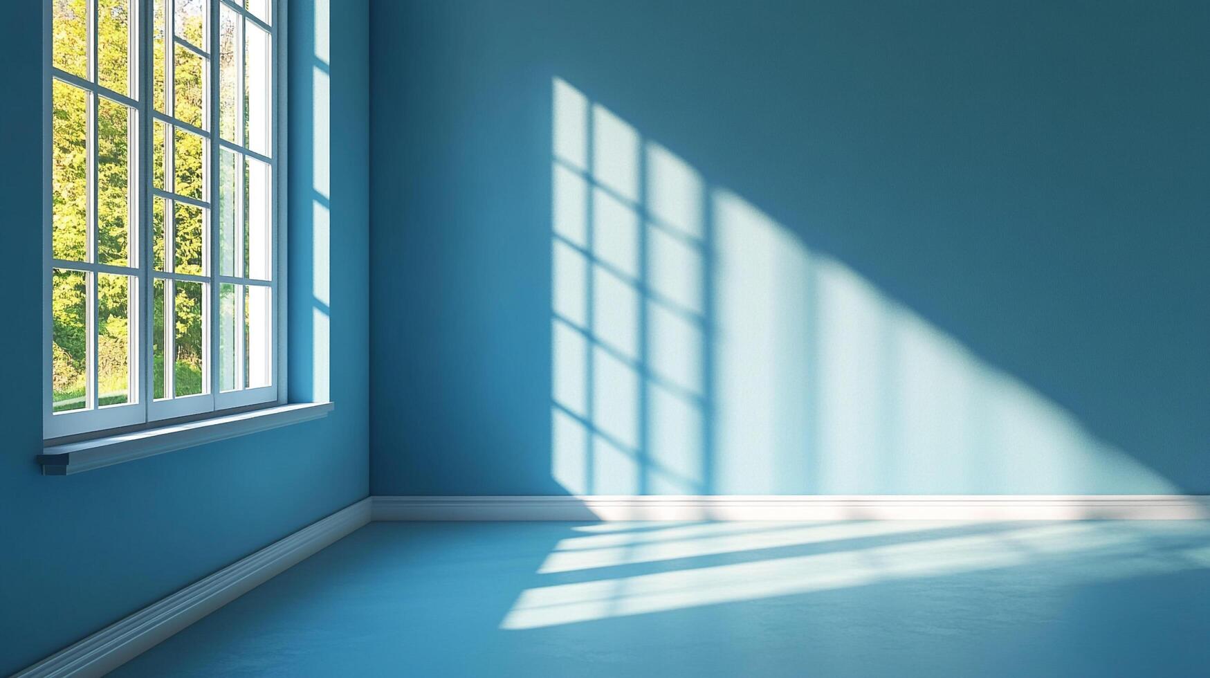 Sunlight streaming through a window in a blue room, casting geometric shadows on the wall and floor, creating a bright and airy space. photo