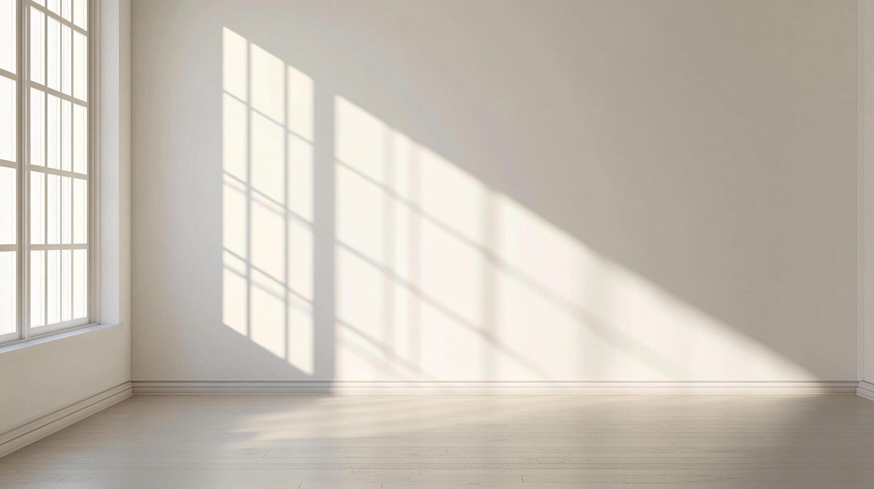 Sunlight streams through a window, casting an abstract pattern on the wall of an empty white room. The light reflects off the wooden floors. photo