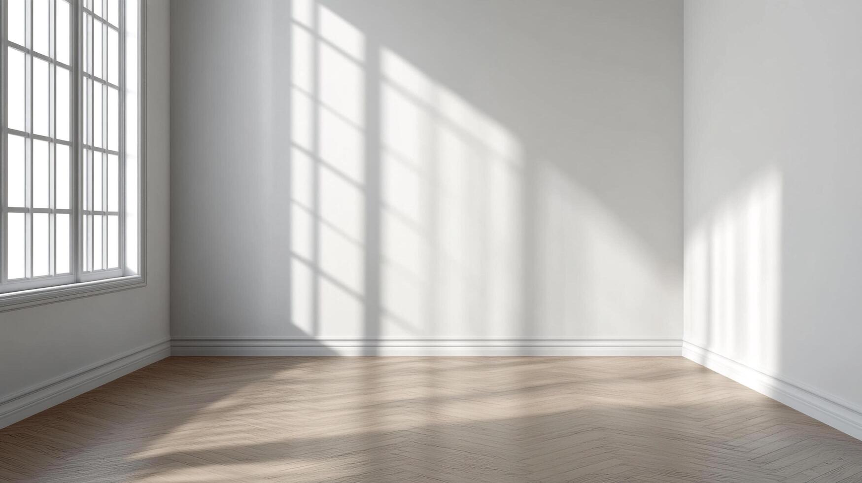 Sunlit minimalist room featuring herringbone wood floor, white walls, and window casting patterned light in an elegant, bright, and airy space. photo