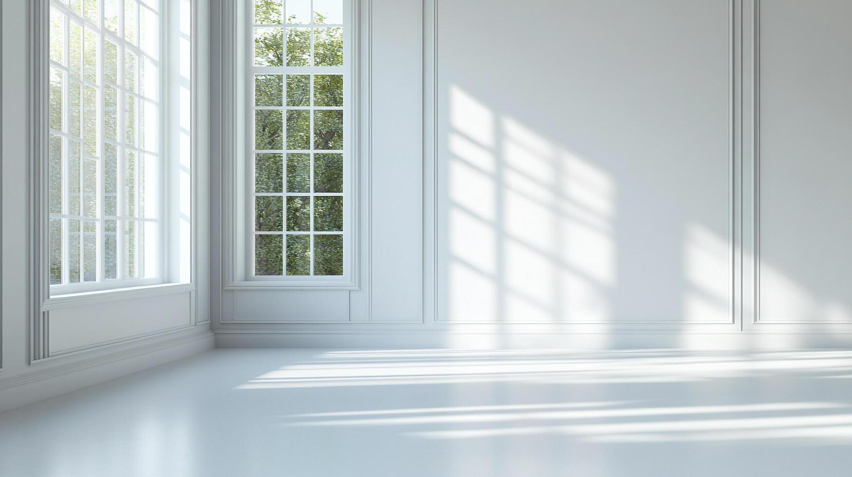 Sunlit minimalist room with large windows overlooking greenery, creating a bright, clean space with an elegant and airy atmosphere. photo