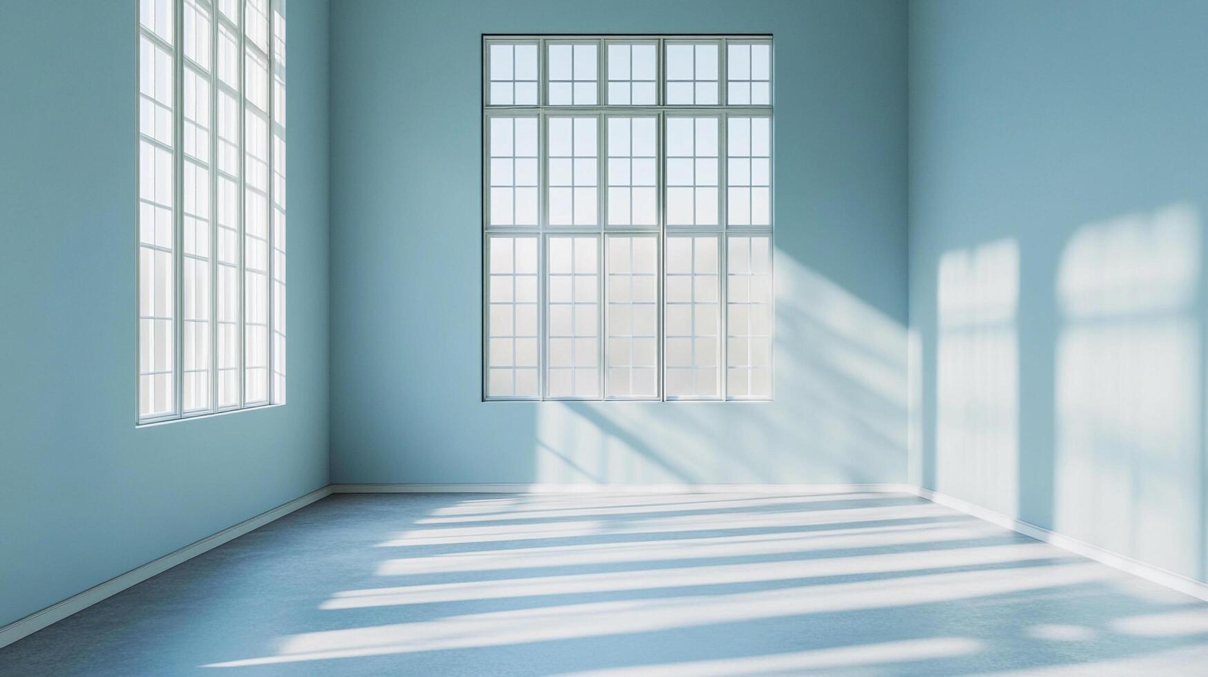 Sunlight streams through windows, illuminating a serene, empty room with a soft, diffused light, creating a peaceful atmosphere. photo