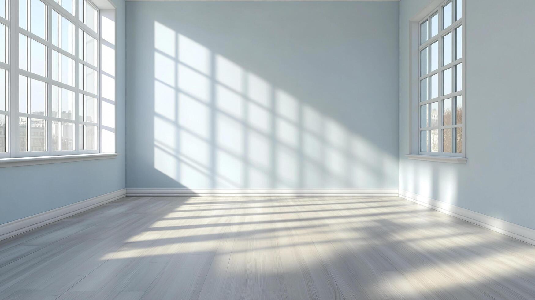 Sunlight streams into a pale blue room, creating bright patterns across the light wooden floor. An inviting and modern space. photo