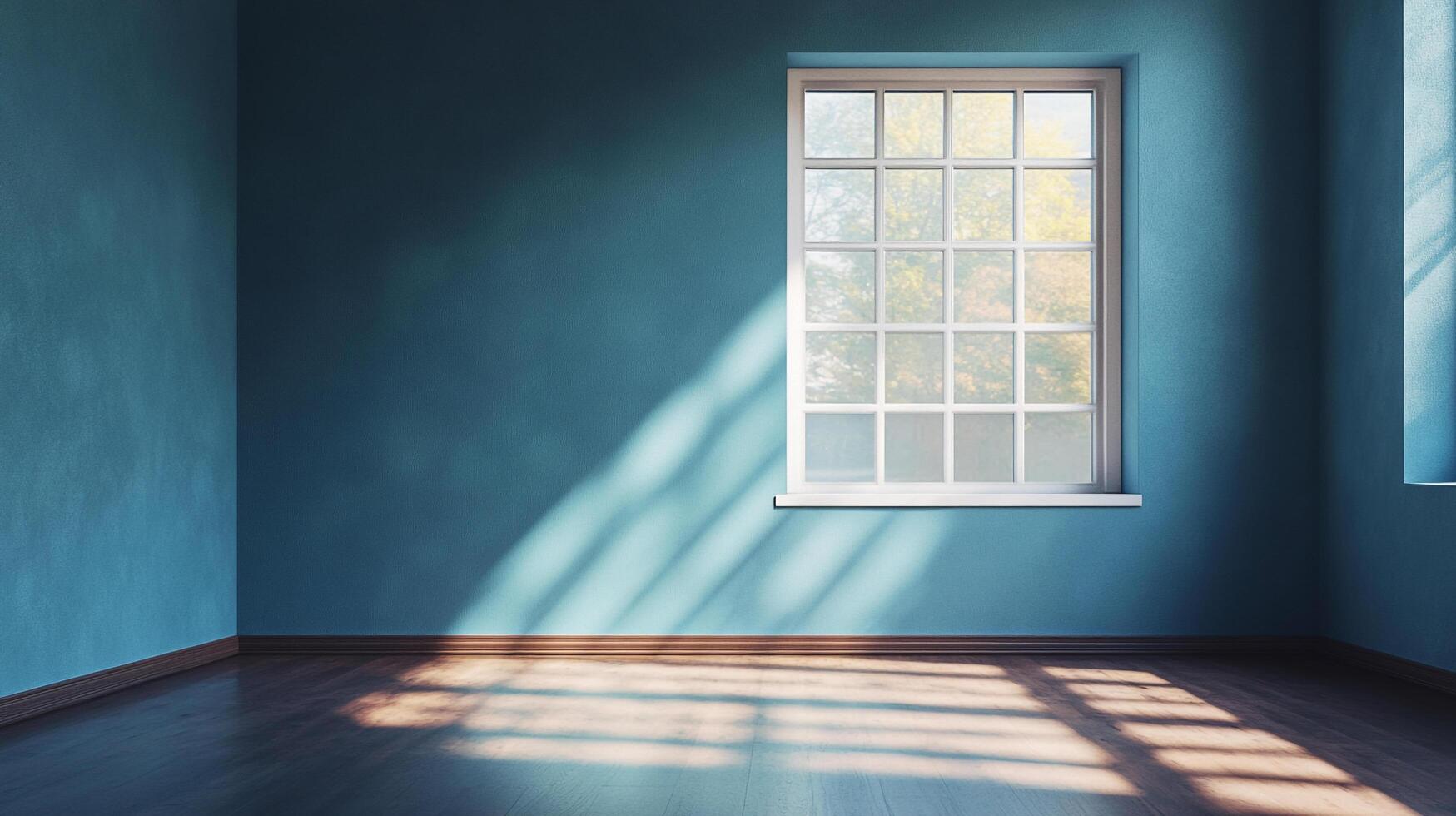 Sunlight streams through a window into an empty room with blue walls and a wooden floor creating an interesting pattern of light and shadows. photo