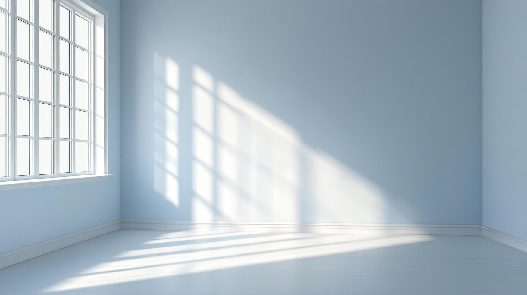 Bright, airy room painted pale blue with sunlight streaming in through a window, creating a pattern of light and shadow on the wall and floor. photo