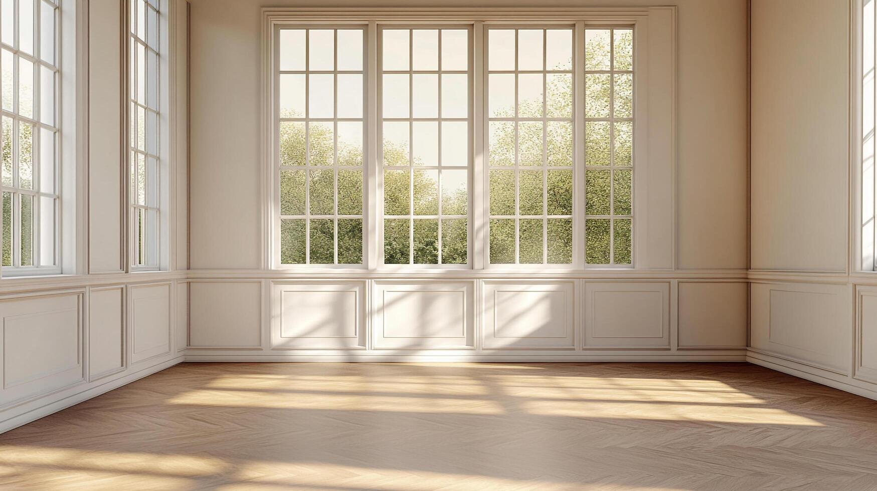 Sun-drenched interior with large windows offering a glimpse of lush greenery, creating a serene and inviting atmosphere in the space. photo
