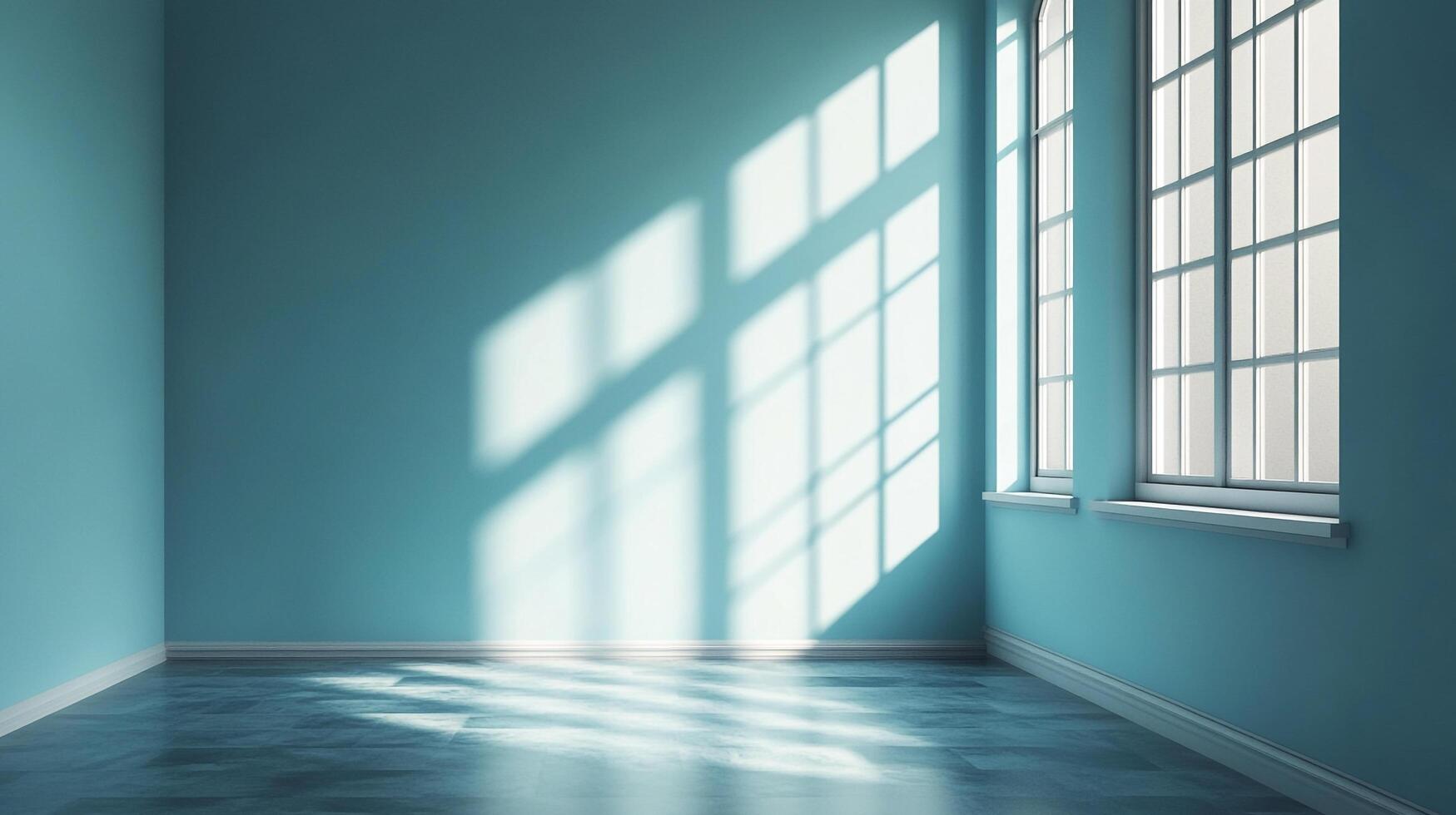 A serene room bathed in soft, natural light streaming through a large, multi-paned window, casting geometric shadows on the walls and floor. photo